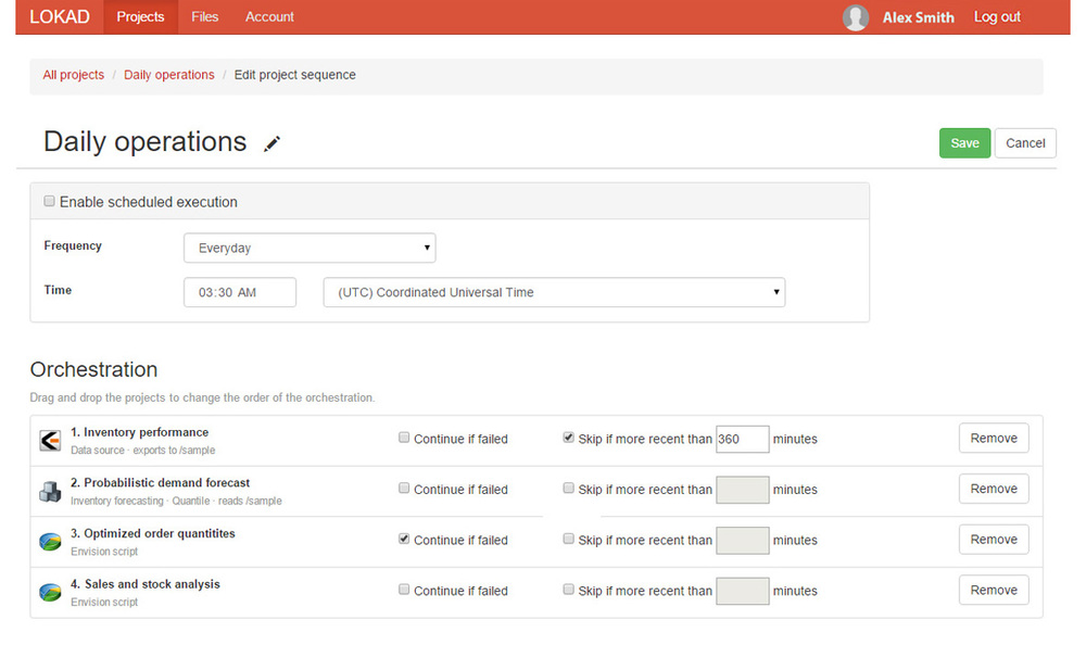 Orchestrazione del progetto Lokad che mostra più progetti pianificati per essere eseguiti alle 03:30 UTC ogni giorno. Il primo passaggio (importazione dei dati) verrà saltato se è stato eseguito nelle ultime 6 ore e se il terzo passaggio fallisce, la sequenza continuerà.
