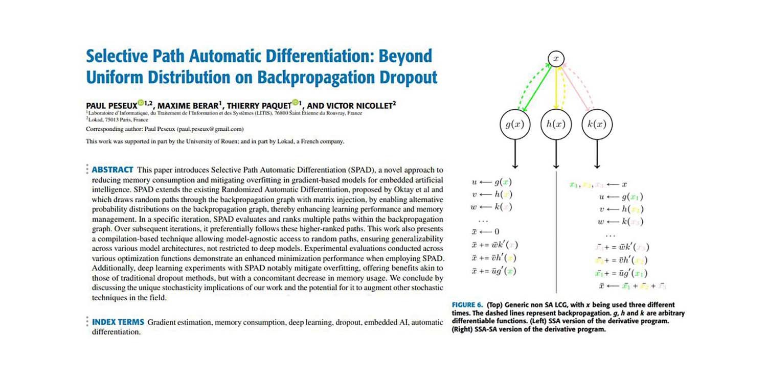Ein abstraktes Bild und eine Abbildung aus einem Artikel mit dem Titel Selective Path Automatic Differentiation: Beyond Uniform Distribution on Backpropagation Dropout.