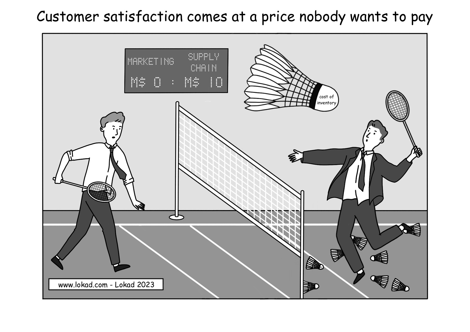 A supply chain comic designed by Lokad. Headline: Customer satisfaction comes at a price nobody wants to pay. Marketing and supply chain heads are playing badminton. Supply chain head is loosing with many shuttlecocks on the ground. One shuttlecock is in the air. It has enormous size and sign cost of inventory. Score table shows that supply chain has to pay all the costs.