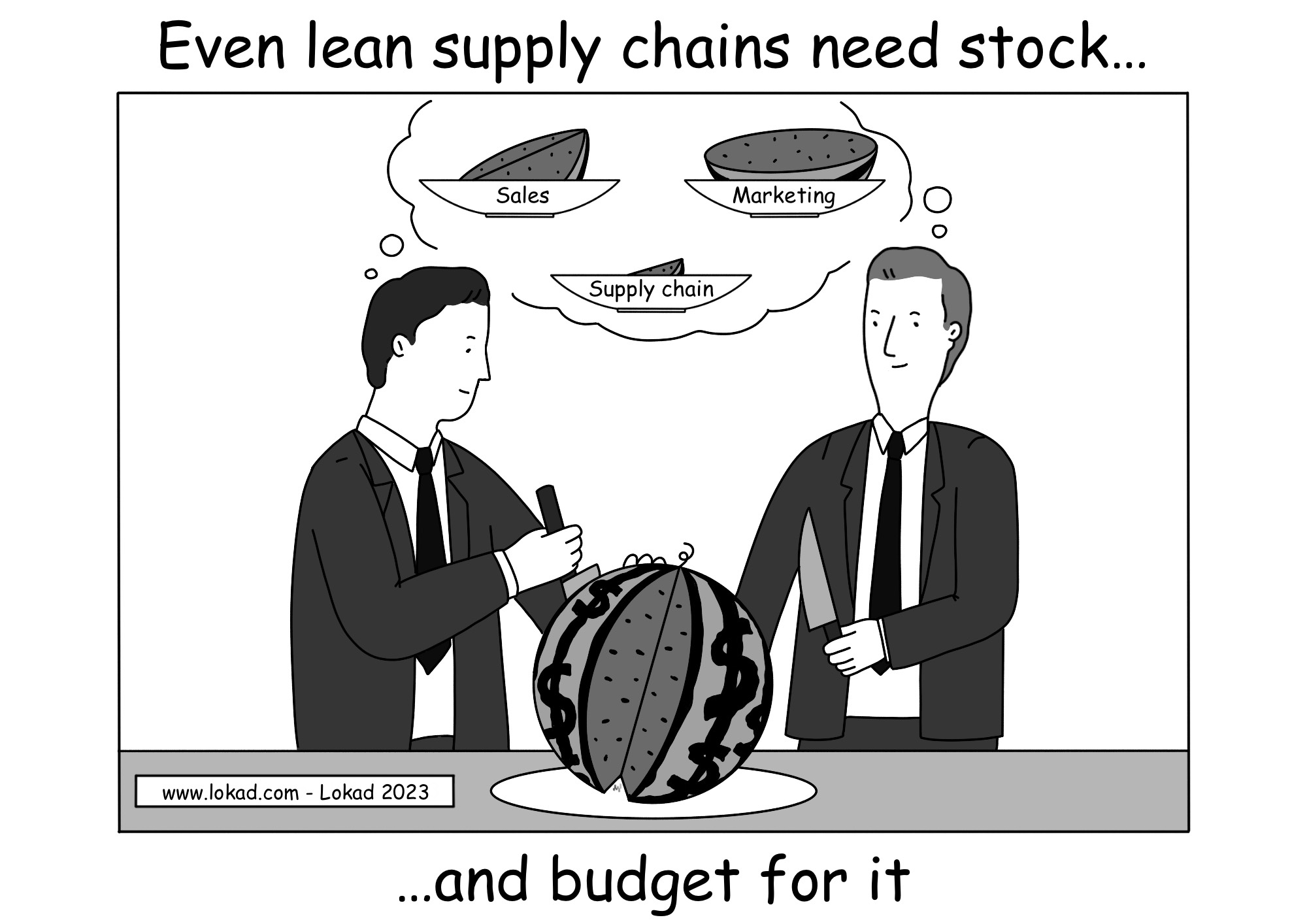 A supply chain comic created by Lokad. Title: Even lean supply chains need stock and budget for it. Two executives, possibly the CEO and CFO, are slicing a watermelon representing a company's budget. The watermelon has a skin with a dollar symbol pattern. Marketing receives the largest portion, nearly half, sales gets almost a quarter, and supply chain gets the smallest piece.