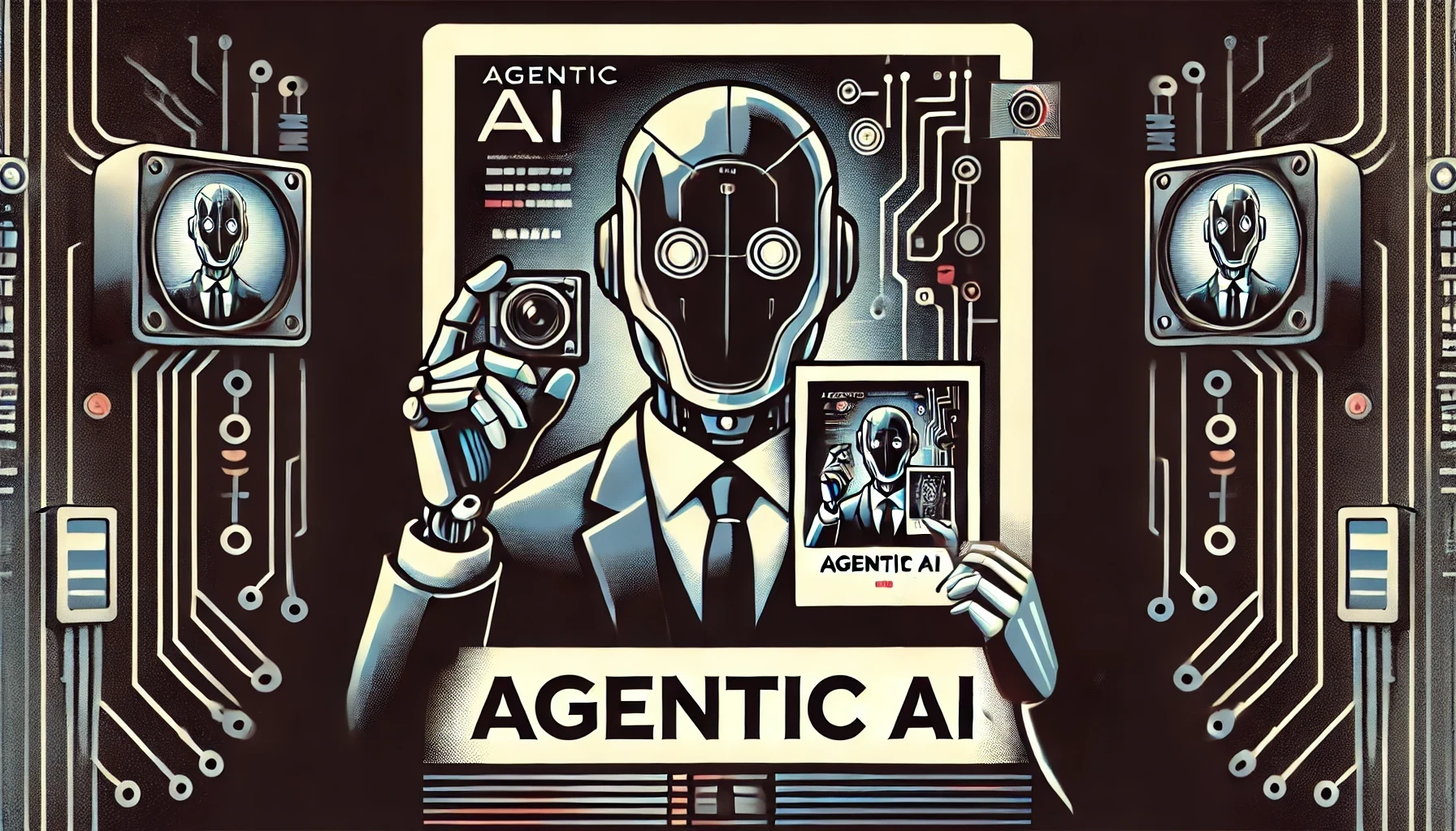 A vector robot in a 60s-style suit stands in front of a computer tablet.