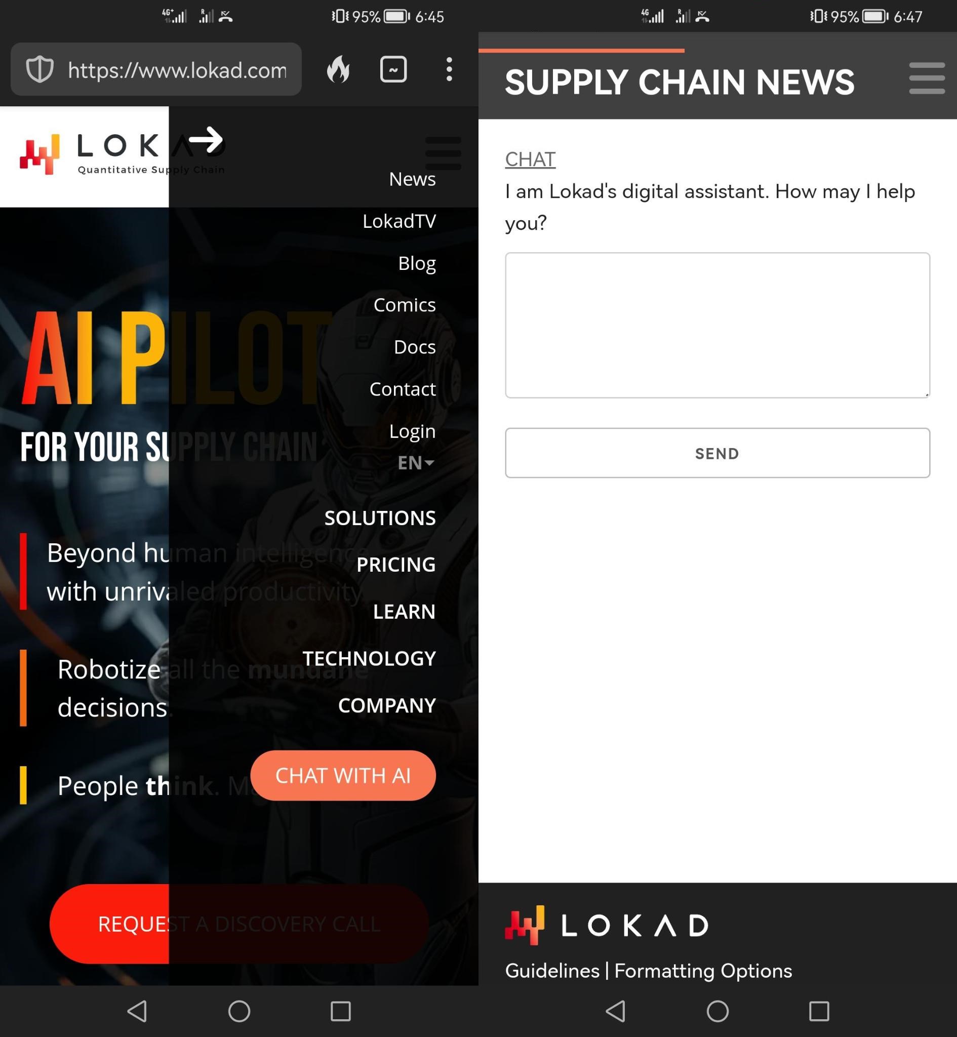 Скриншоты мобильного телефона с AI чат-ботом Lokad.