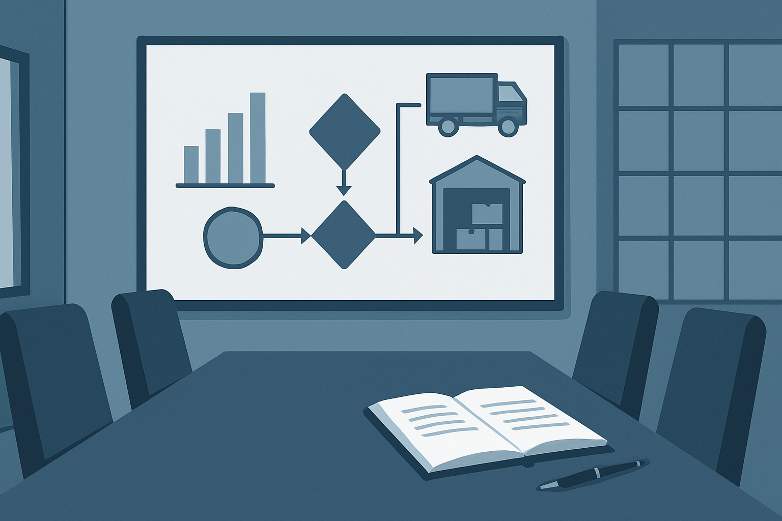 Empty boardroom facing supply chain decision flowchart screen