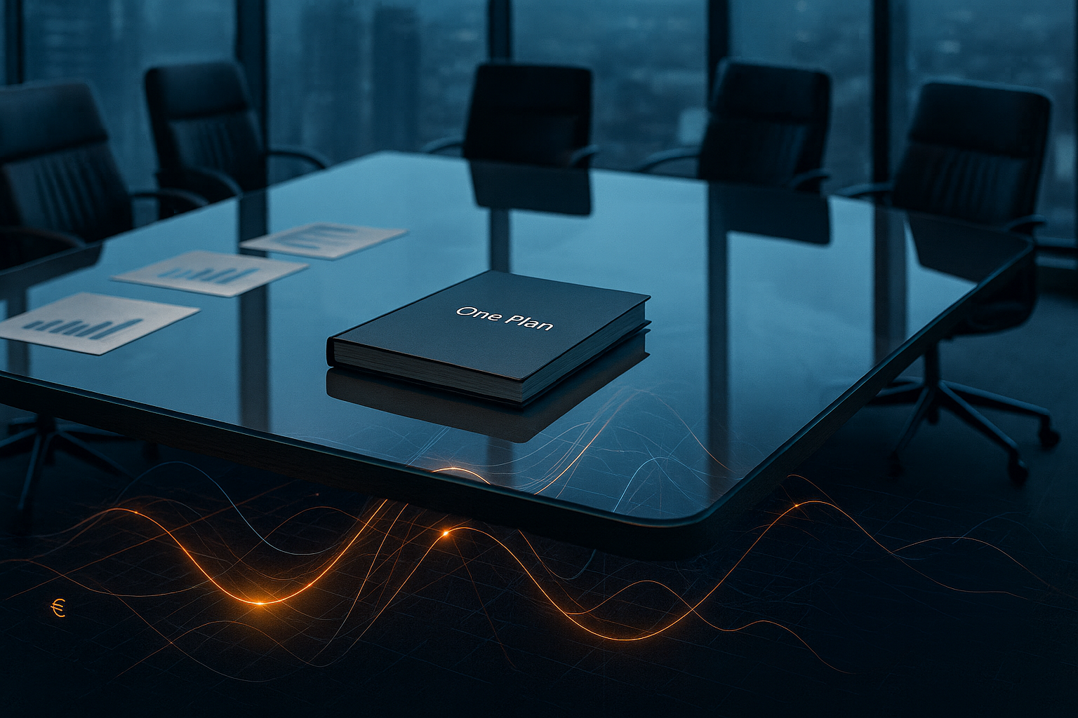 boardroom with a plan book on a table