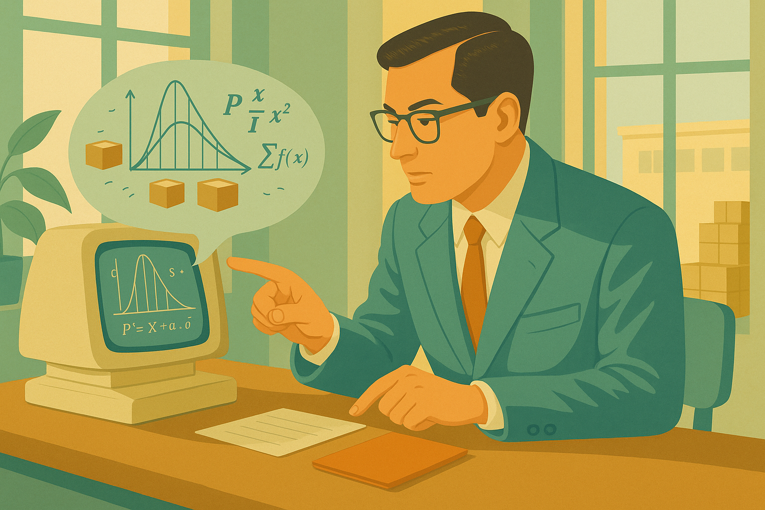 A 1950s-era depiction of a man sitting at a desk and interacting with a chatbot.