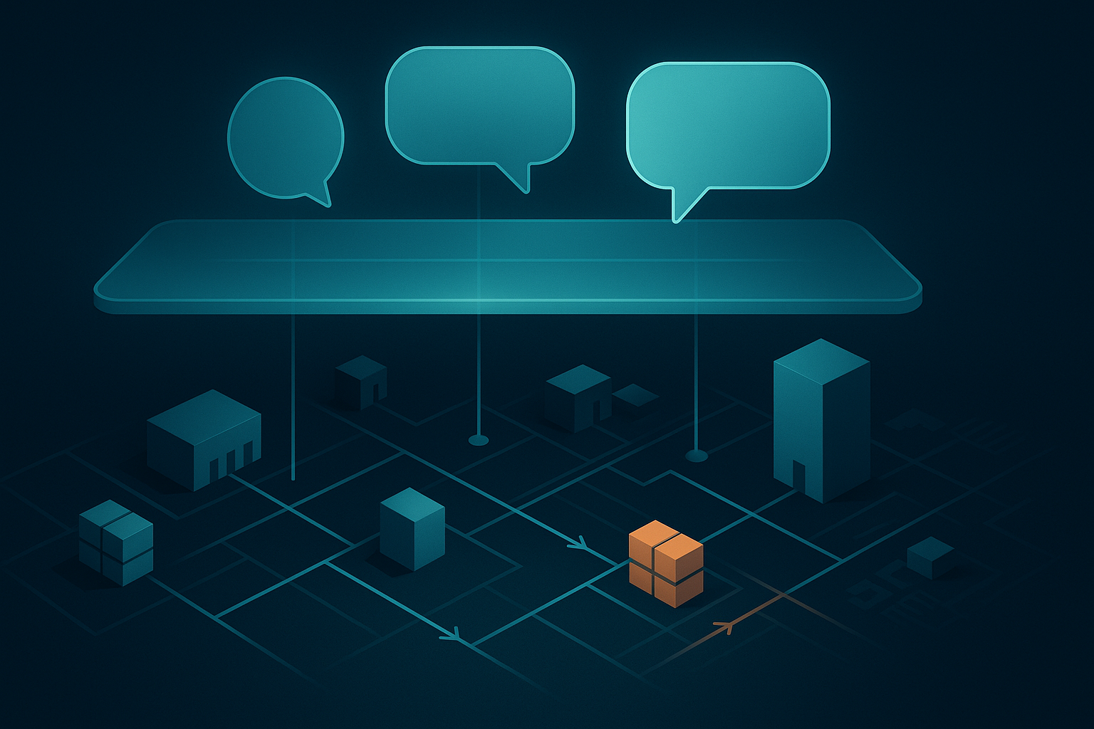 Abstract chat bubbles above complex supply chain network