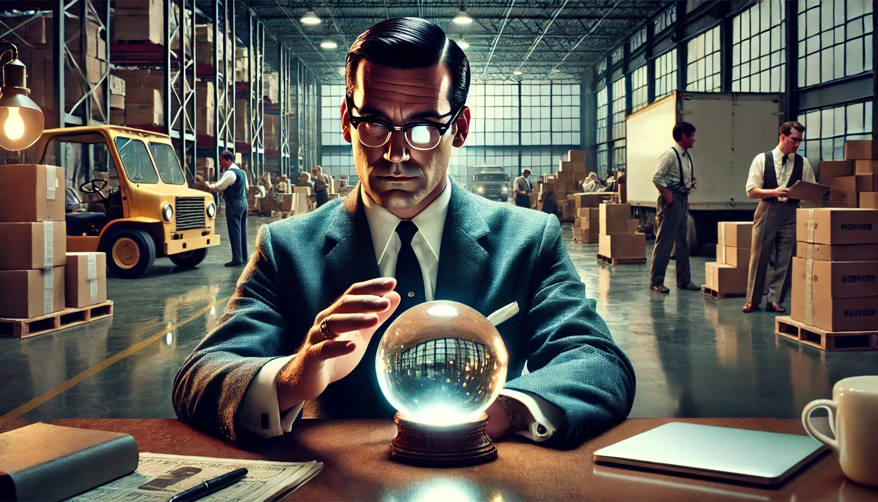Don Draper, from Mad Men, sits at a desk in a busy warehouse. He is staring into a crystal ball while others place boxes of inventory on shelves.