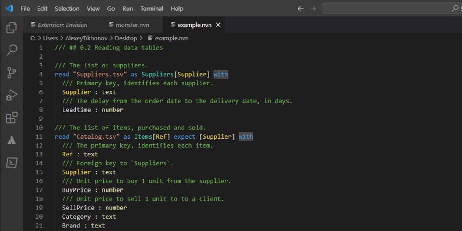Script de Envision con código de colores en VS Code, que muestra las primeras dos docenas de líneas de código para un taller de análisis de proveedores en Envision.