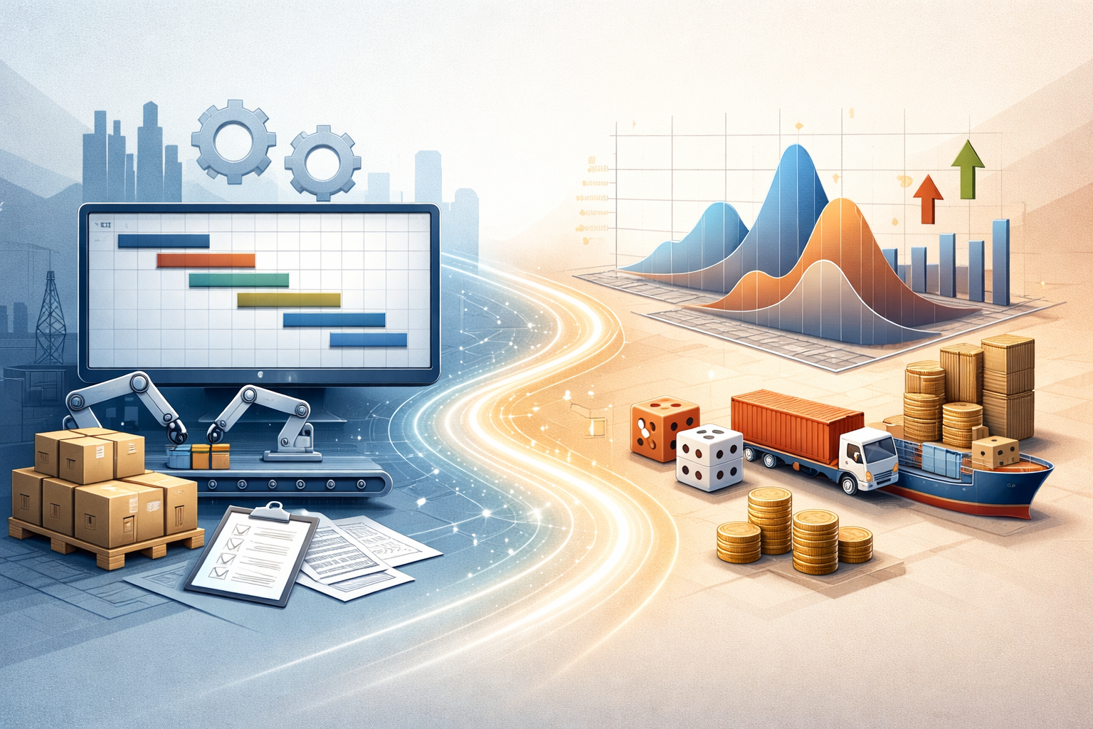 Производственная линия, переходящая в вероятностный финансовый движок принятия решений