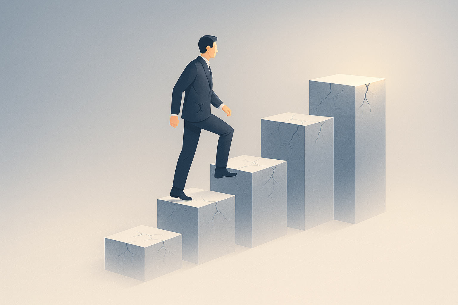 Businessman climbing cracked steps symbolizing fragile maturity.