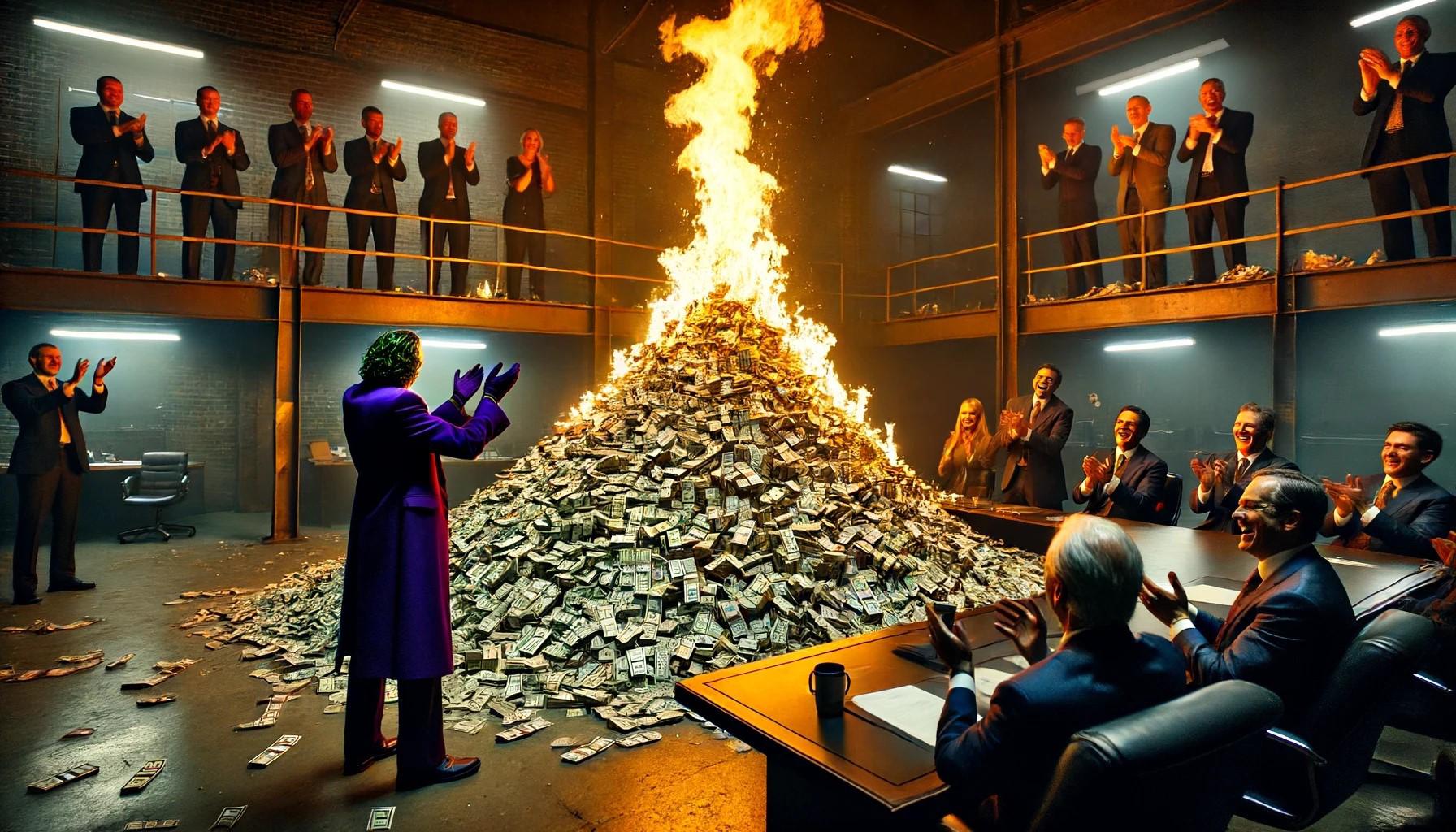 Christopher Nolans Joker steht vor einem riesigen Haufen brennenden Geldes. Joker ist von applaudierenden Vorstandsmitgliedern umgeben.