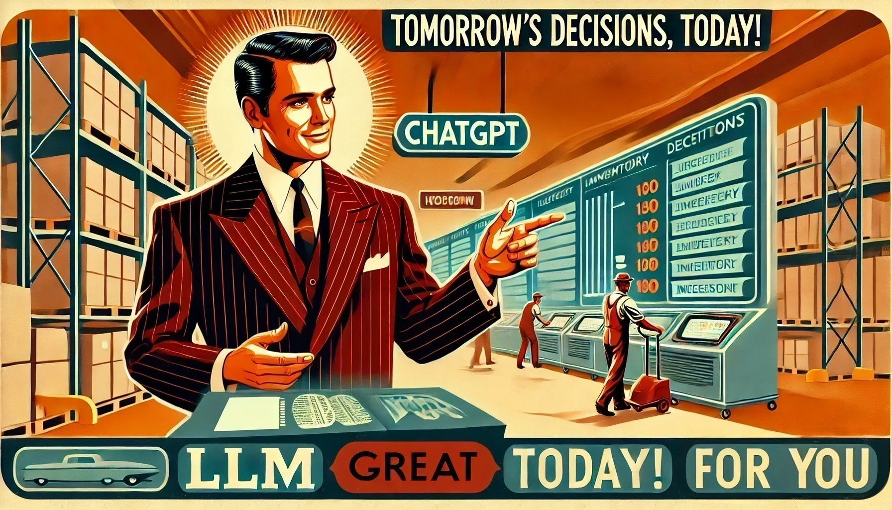 A 60s-style salesman stands in front of a futuristic warehouse busy with activity.