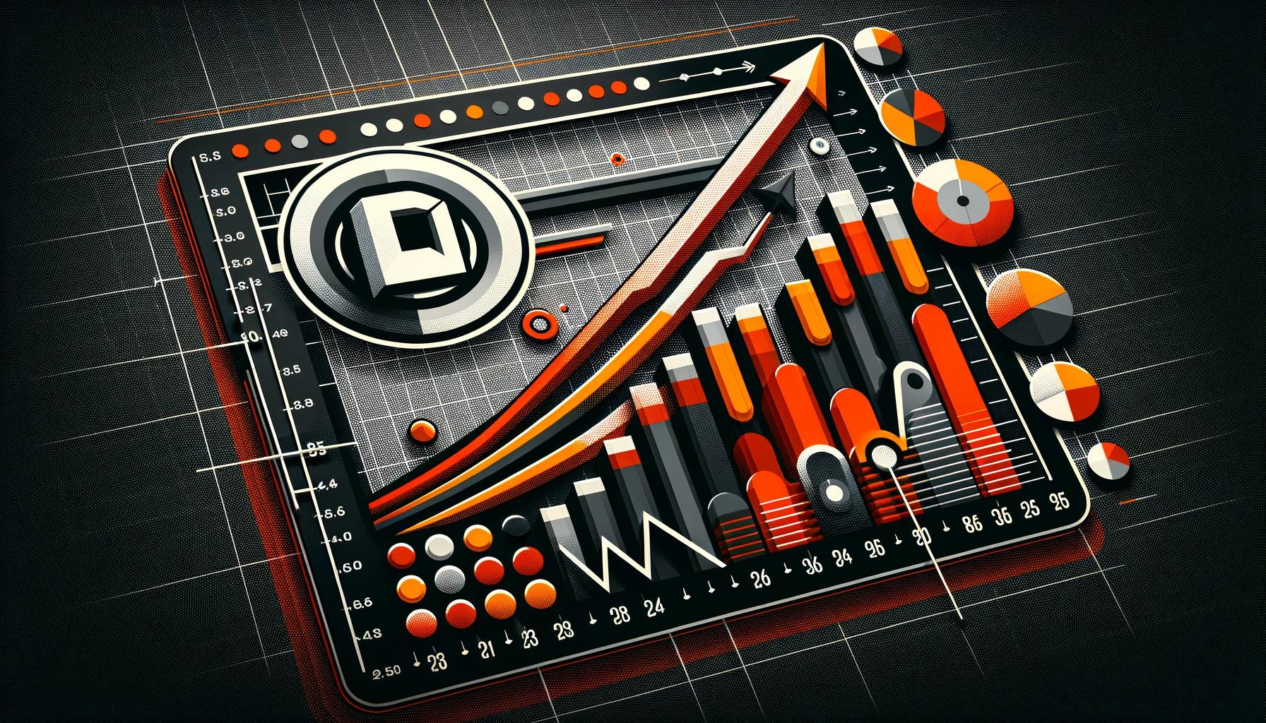 3D-Digitalillustration des Unternehmenswachstums mit einem steigenden Pfeil, Finanzdiagrammen und Balken in Orange, Schwarz und Weiß auf einem Rasterhintergrund.