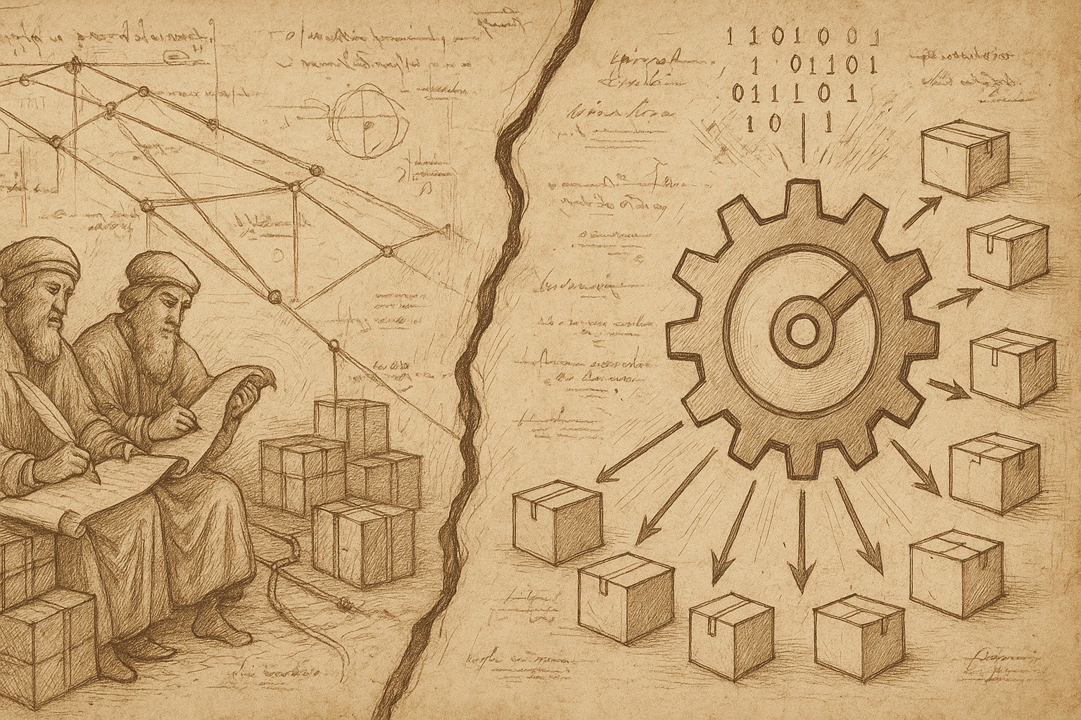 A sepia sketch of two competing approaches to inventory optimization.