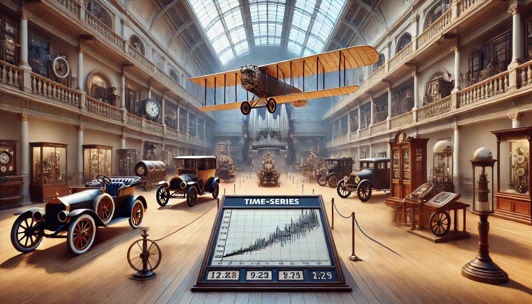 Eine Darstellung von Zeitreihenprognosen steht im Zentrum eines Museums alter Technologie, neben alten Modellen von Autos und Flugzeugen.