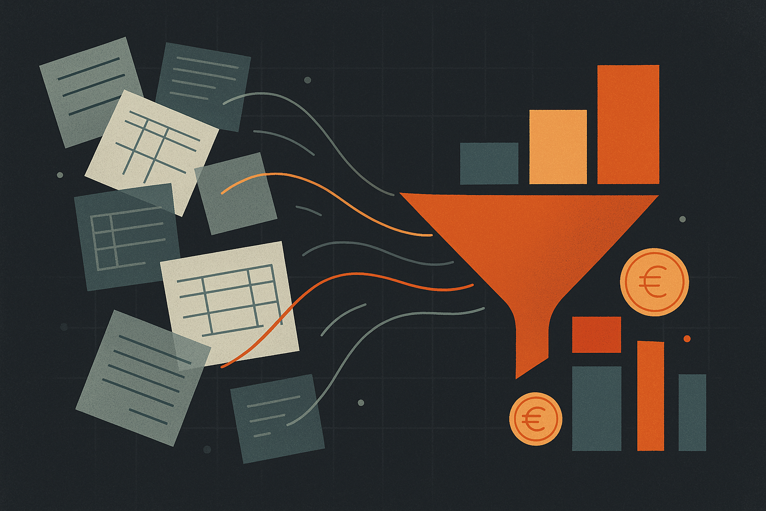 documents funnel into charts and money, abstractly