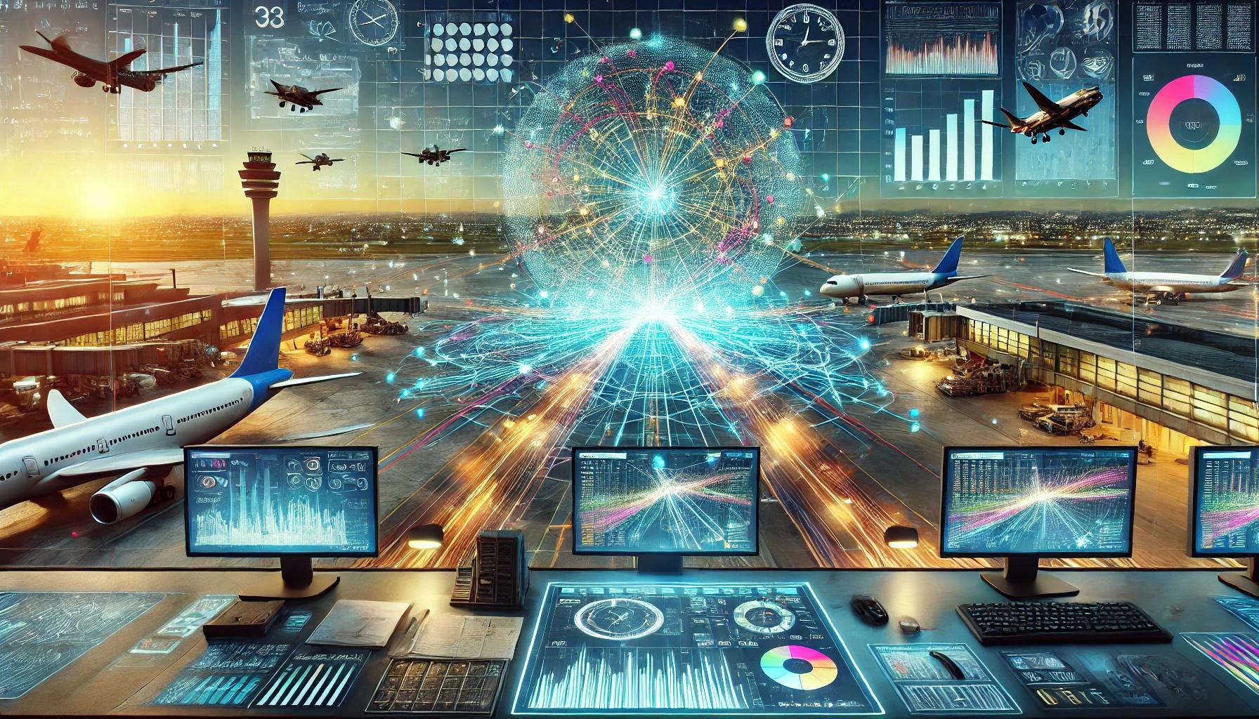 Ein KI-generierter Blick von einem Kontrollturm an einem Flughafen. Mehrere Dashboards sind im Vordergrund sichtbar, mit mehreren Verkehrsflugzeugen im Hintergrund.