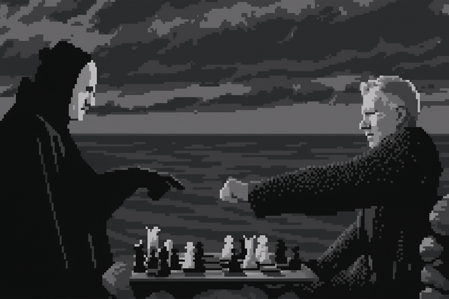 two men play chess on the beach