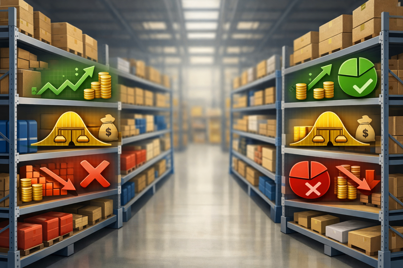 A warehouse pick face with economic scoring overlays representing probabilistic cost-benefit analysis for each shelf slot assignment