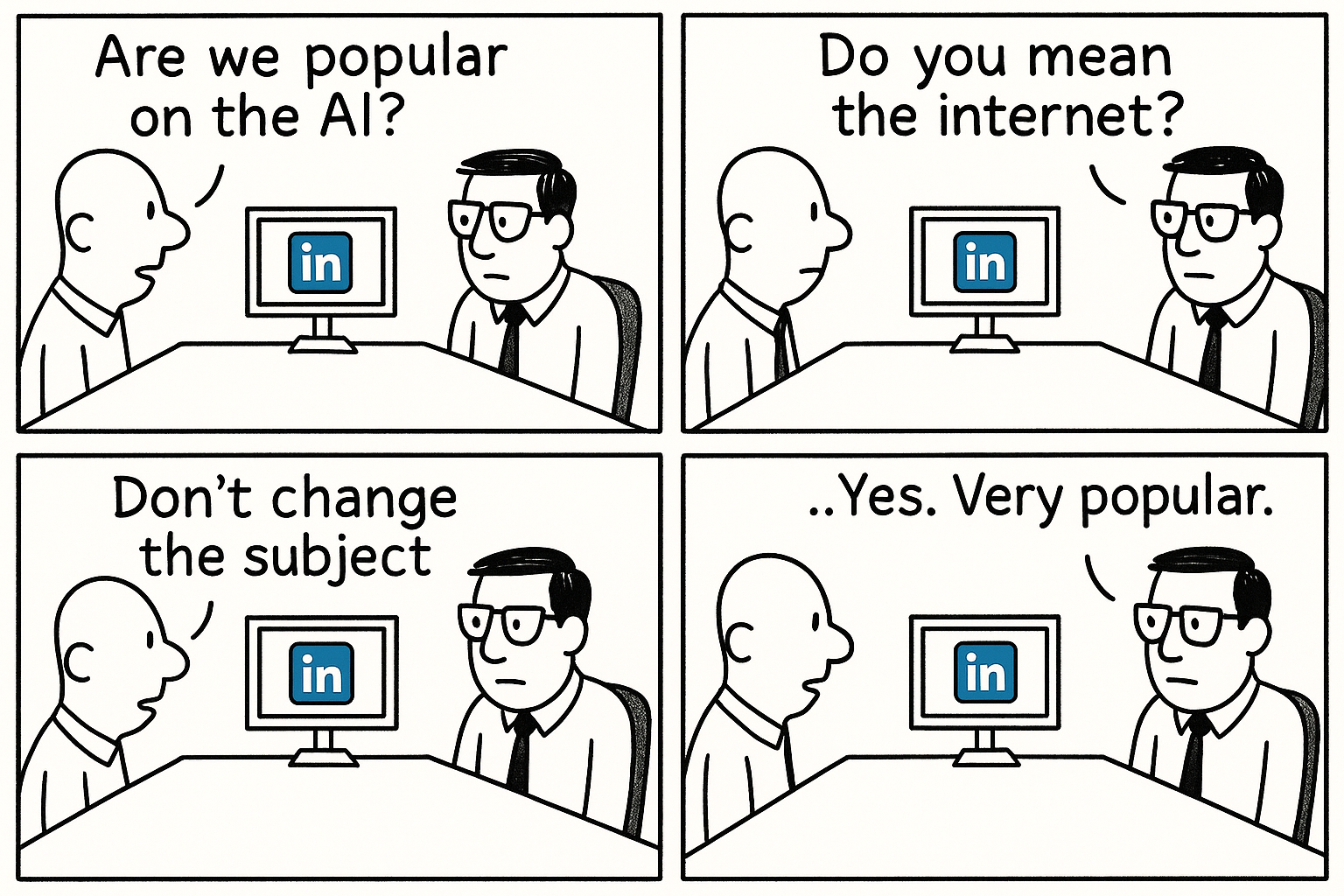 Two workers discuss the company's popularity online at a board meeting.
