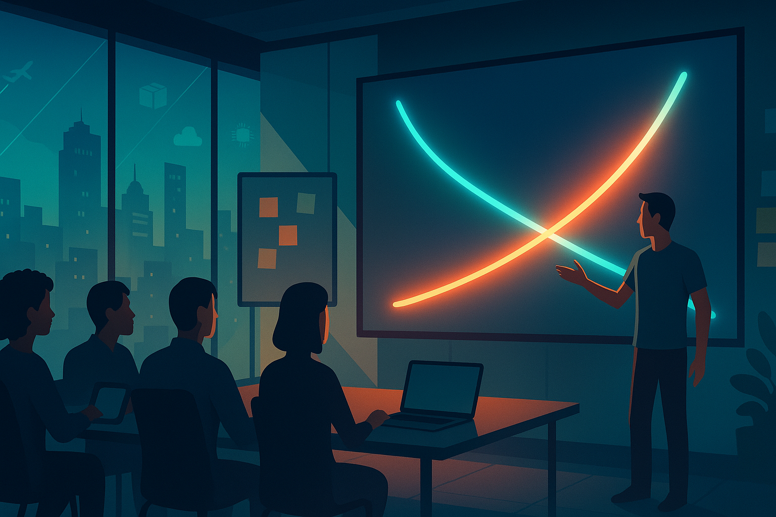 un uomo spiega domanda e offerta in una sala riunioni di una startup illuminata al neon.