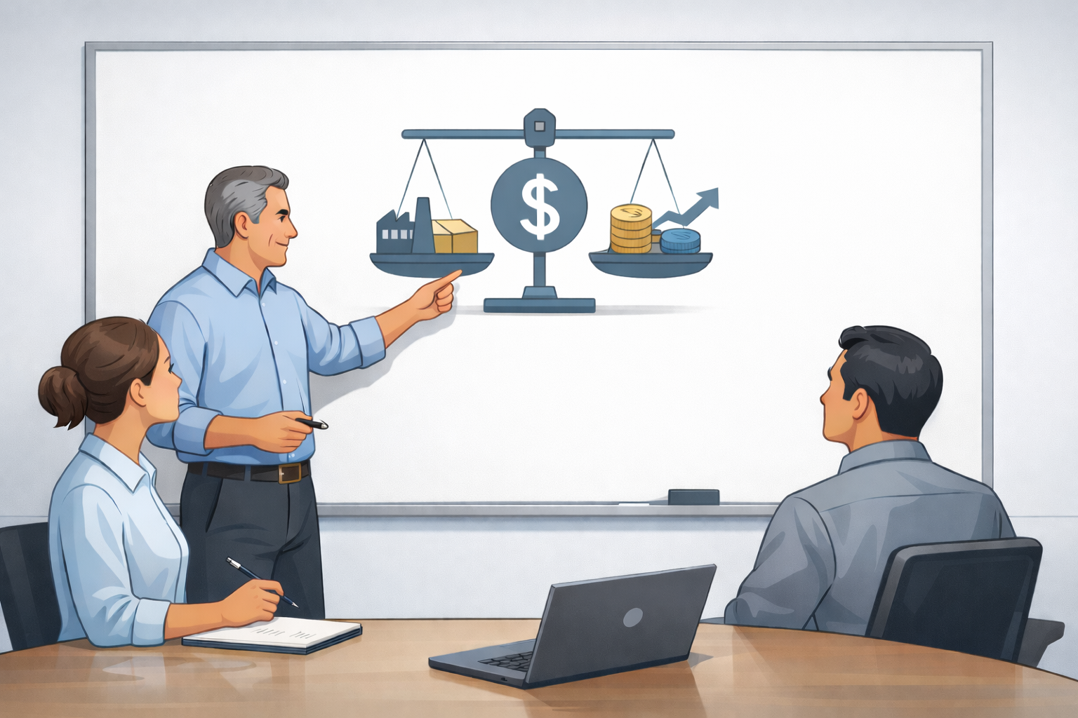 Supply chain practitioners at a whiteboard, emphasizing economic decisions over planning charts