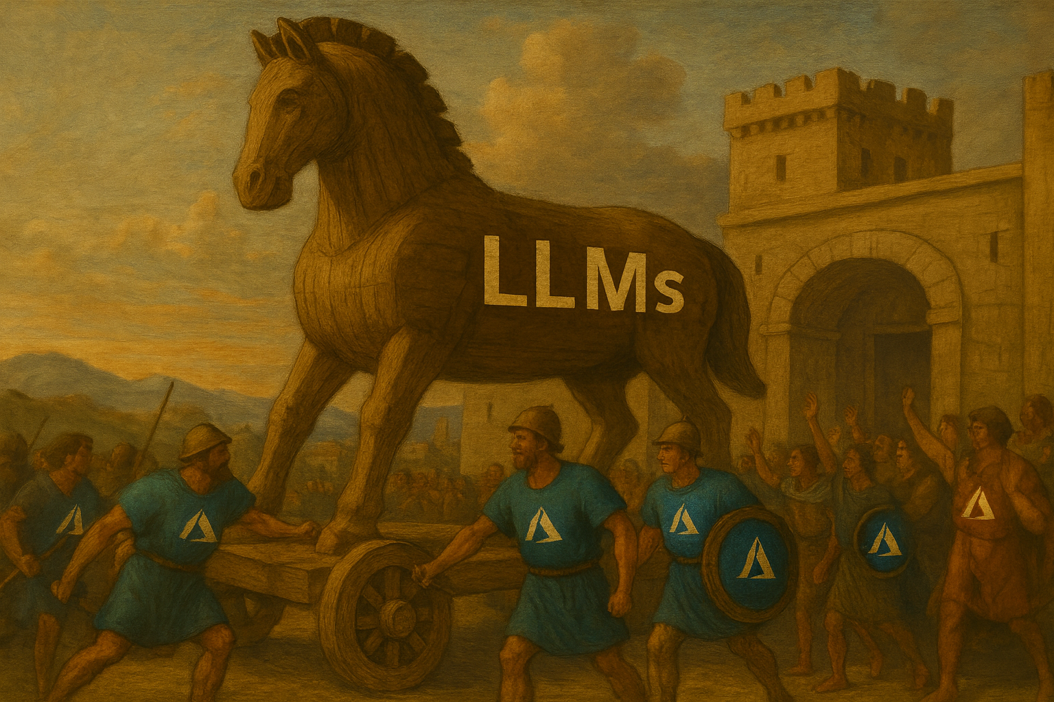 A dramatic rendering of a Trojan Horse being smuggled into a city by Azure foot-soldiers.