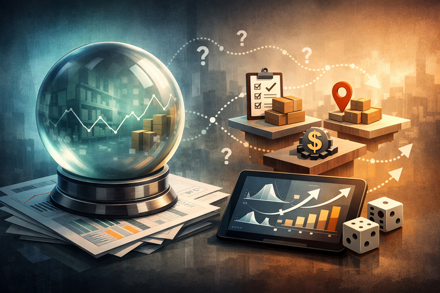 Contrasting inventory crystal ball with probabilistic decision dashboard.