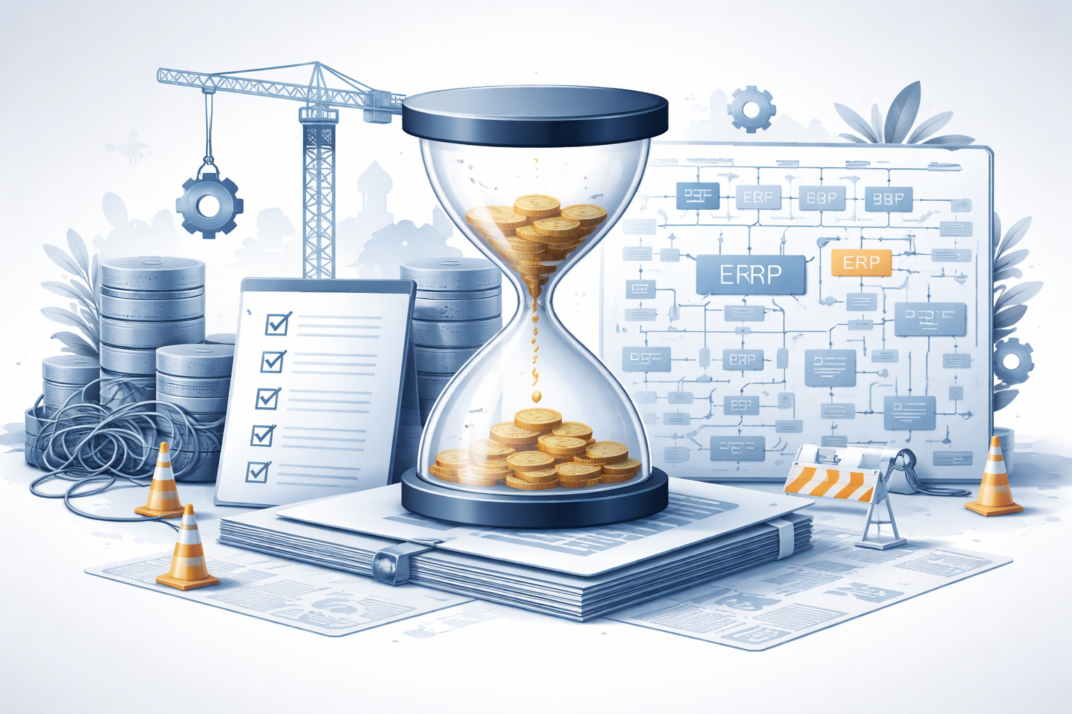 Hourglass of money before sprawling ERP maze