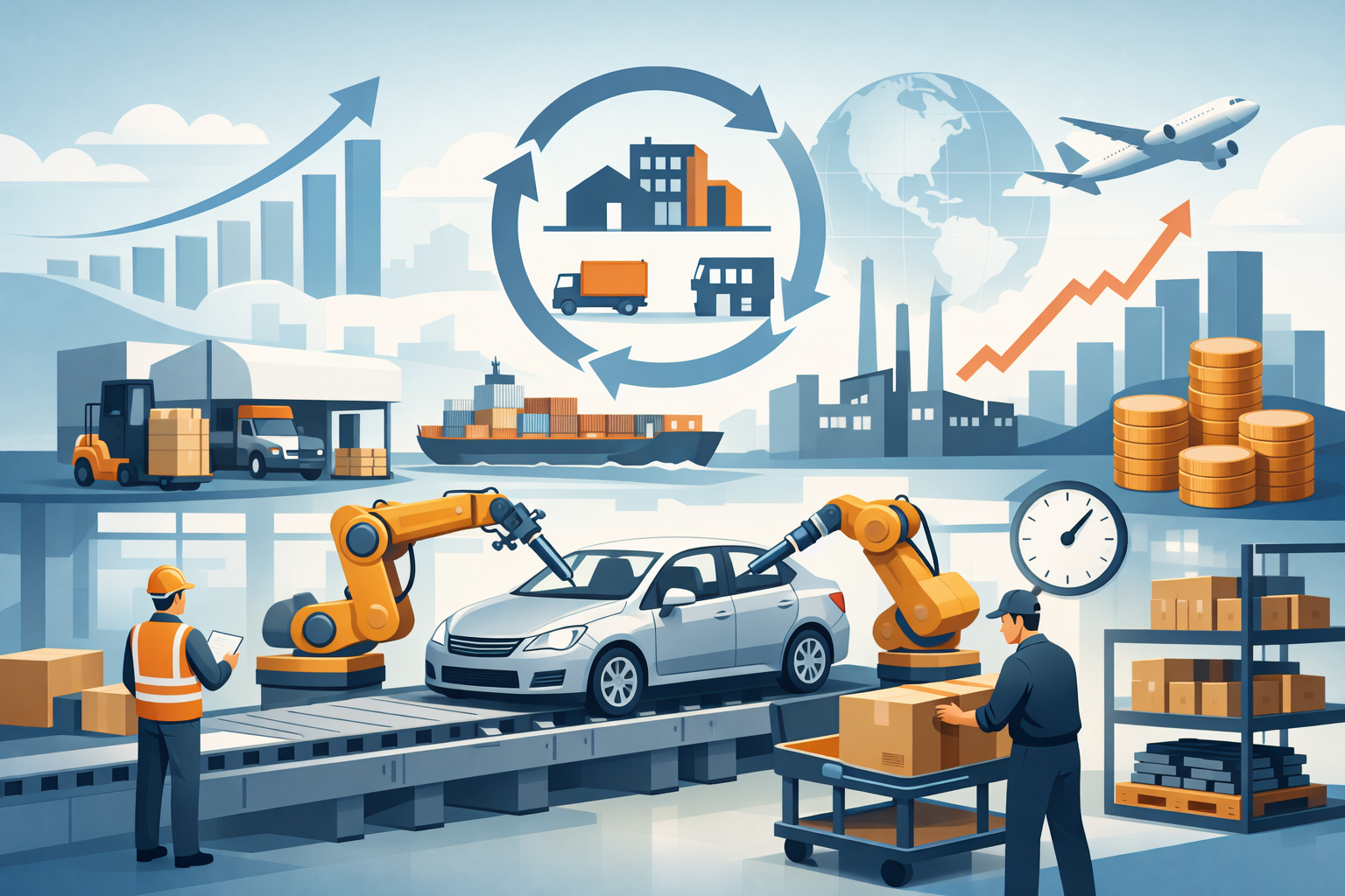 Factory floor representing just-in-time production alongside a broader economic view