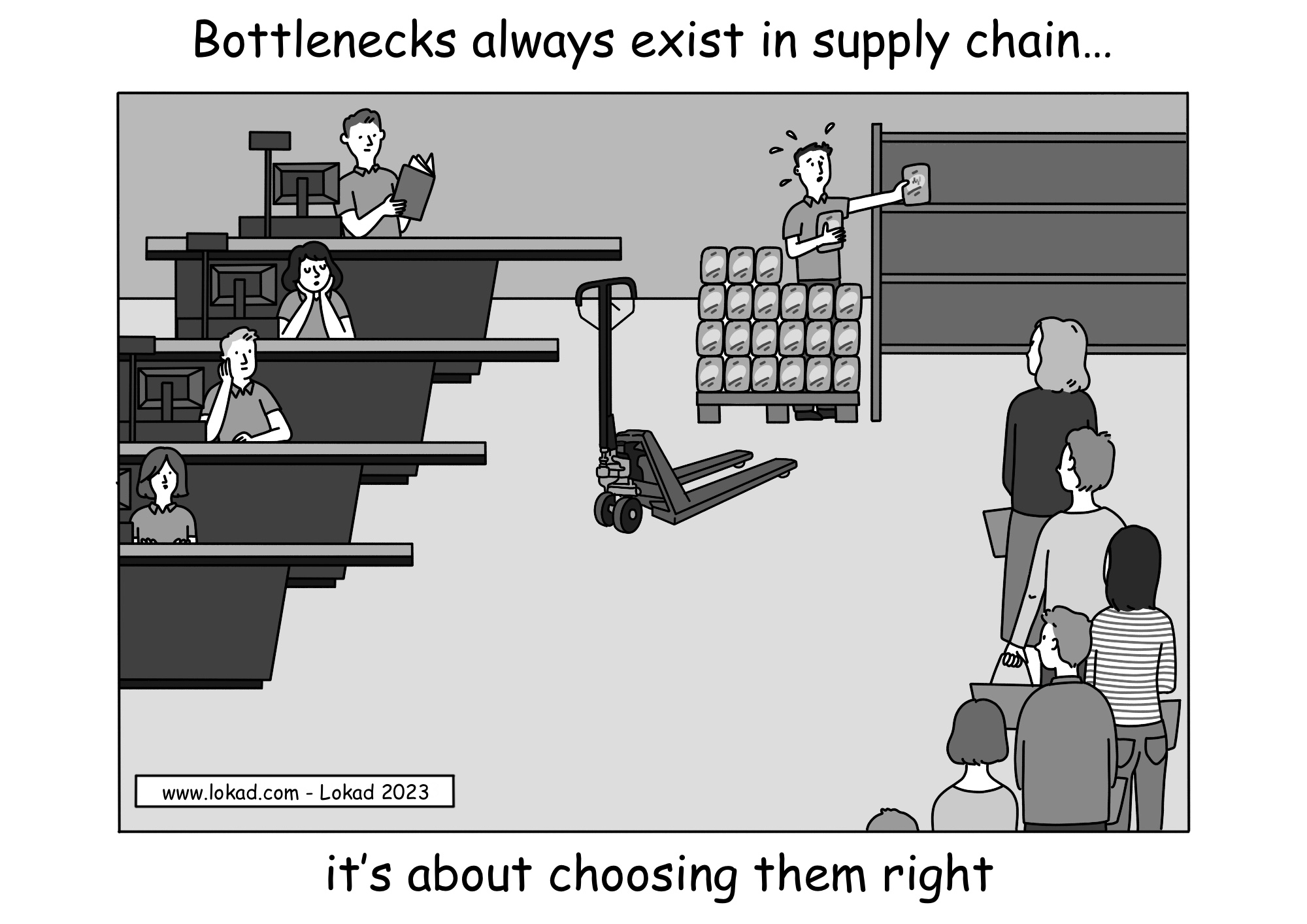 A supply chain comic by Lokad. Title: Bottlenecks always exist in supply chains; it's about choosing the right ones. The comic depicts a grocery store with four cashiers who appear bored, waiting for customers. One cashier is reading a book, another has their eyes closed, presumably asleep. Meanwhile, a merchant is busily restocking an empty shelf from a pallet, with a long queue of customers waiting nearby.