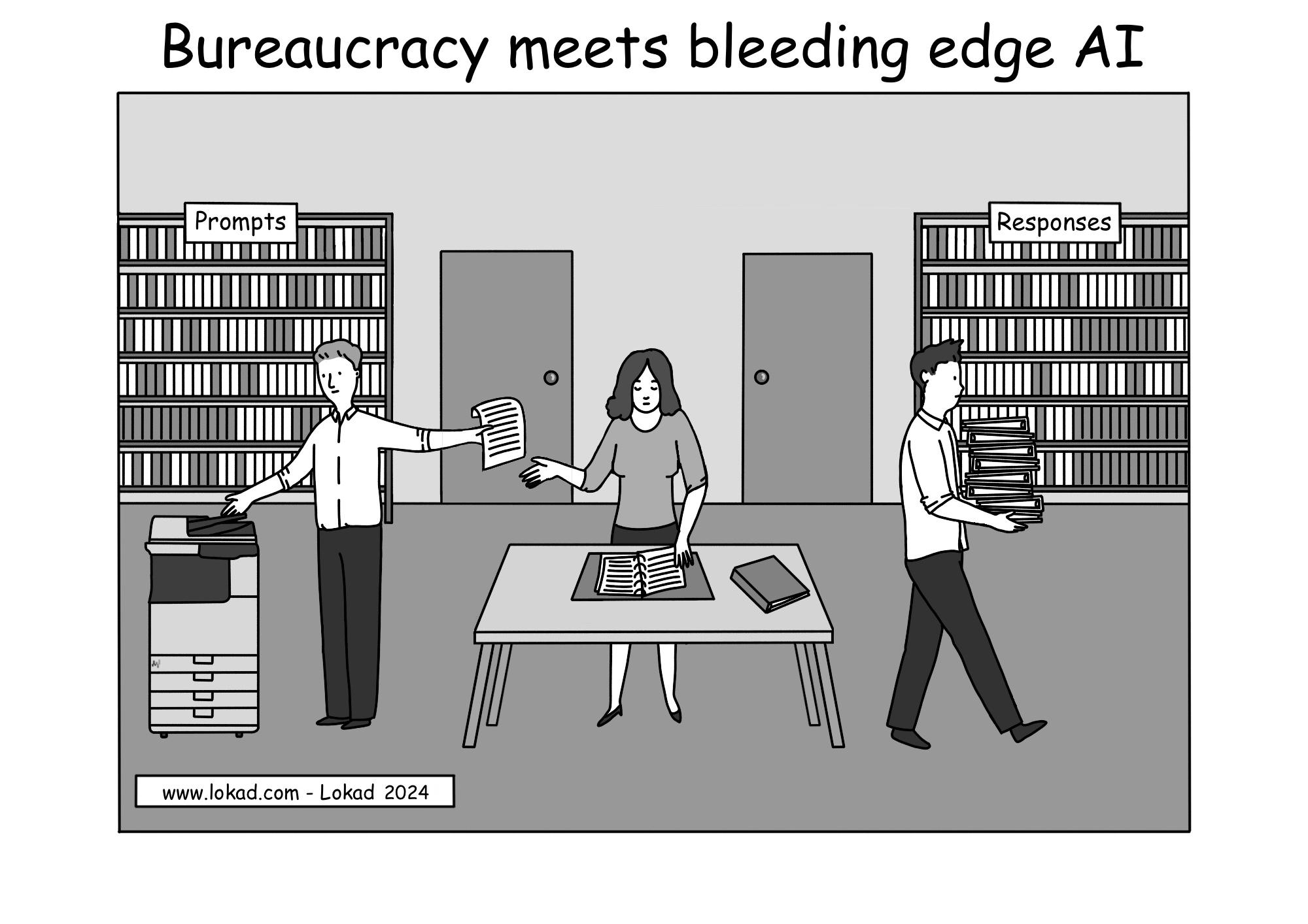 A comic from Lokad's supply chain series titled: Bureaucracy meets bleeding edge AI. The scene is set in an office-like archive room with shelves labeled prompts on the left and responses on the right. In the foreground, a man on the left is standing by an office printer, handing sheets of paper to a woman in the center. She is standing at a table, filing the papers into an open folder. To the right, another man is carrying a large stack of bound folders toward the responses shelves.