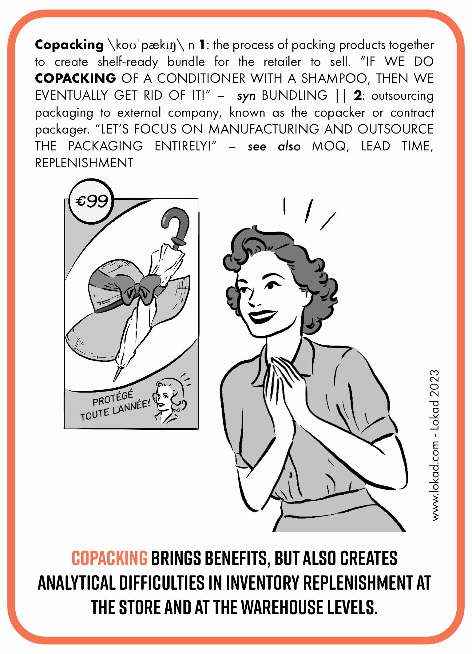 Flashcard de supply chain sobre Copacking. Copacking es el proceso de empaquetar productos juntos para crear un paquete listo para exhibir en estantería para que el minorista lo venda. Si hacemos copacking de un acondicionador con un champú, entonces eventualmente nos deshacemos de él! Externalizar el empaquetado a una empresa externa, conocida como el copacker o contract packager. ¡Enfoquémonos en la fabricación y externalicemos completamente el empaquetado! Copacking trae beneficios, pero también crea dificultades analíticas en la reposición de inventario tanto a nivel de tienda como de almacén. Una imagen de una mujer mirando un paquete que ofrece un sombrero con una sombrilla.