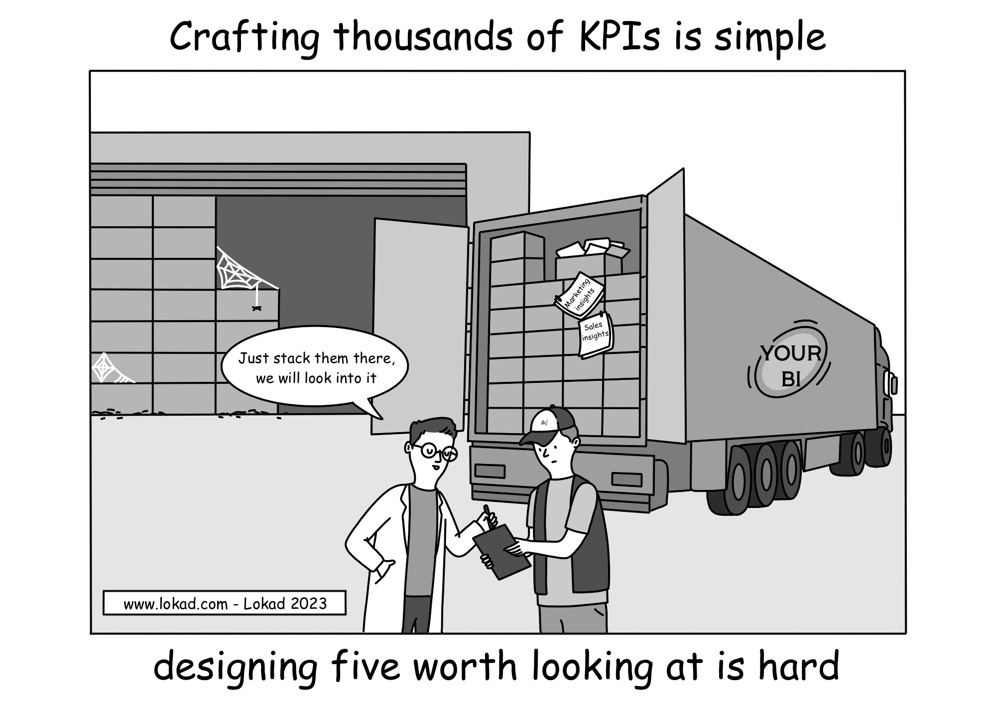 Комикс из серии цепочки поставок Lokad с названием: Создание тысяч KPI - просто, но создание пяти стоящих внимания - сложно. На комиксе изображены два персонажа: ученый-аналитик в белом халате и водитель грузовика. Они стоят за открытым грузовиком, помеченным как Ваш BI, который переполнен коробками, заполненными бумажными отчетами и графиками. Бумаги с надписями Marketing Insights и Sales Insights выпадают из открытой коробки. Ученый-аналитик, подписывая переданные ему бумаги, замечает: Просто положите их туда, мы разберемся. На заднем плане виден склад, заполненный похожими коробками и украшенный паутиной, что указывает на то, что отчеты редко, если вообще, используются.