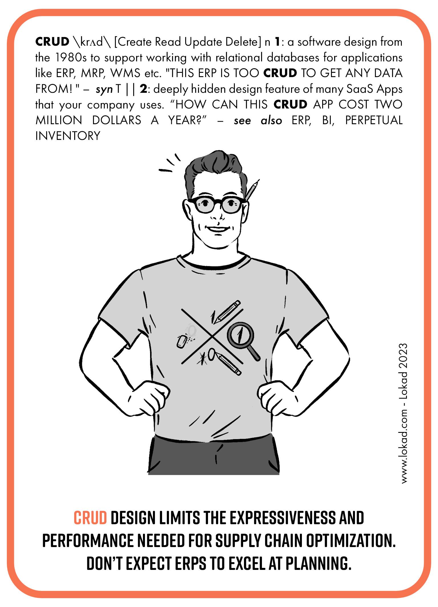 サプライチェーンのフラッシュカード：CRUDビジネスアプリ。CRUD - 作成 読取 更新 削除 - は、1980年代に登場した、ERP、MRP、WMS などのアプリケーション向けにリレーショナルデータベースを扱うためのソフトウェア設計です。このERPは、データを取り出すにはあまりにもCRUDである上、貴社が利用する多くのSaaSアプリに見られる、深く隠された設計の特徴です。一体、なぜこのCRUDアプリが年間200万ドルものコストがかかるのでしょうか？CRUD設計は、サプライチェーンの最適化に必要な表現力とパフォーマンスを制限します。ERPに計画立案で優れた能力を期待しないでください.