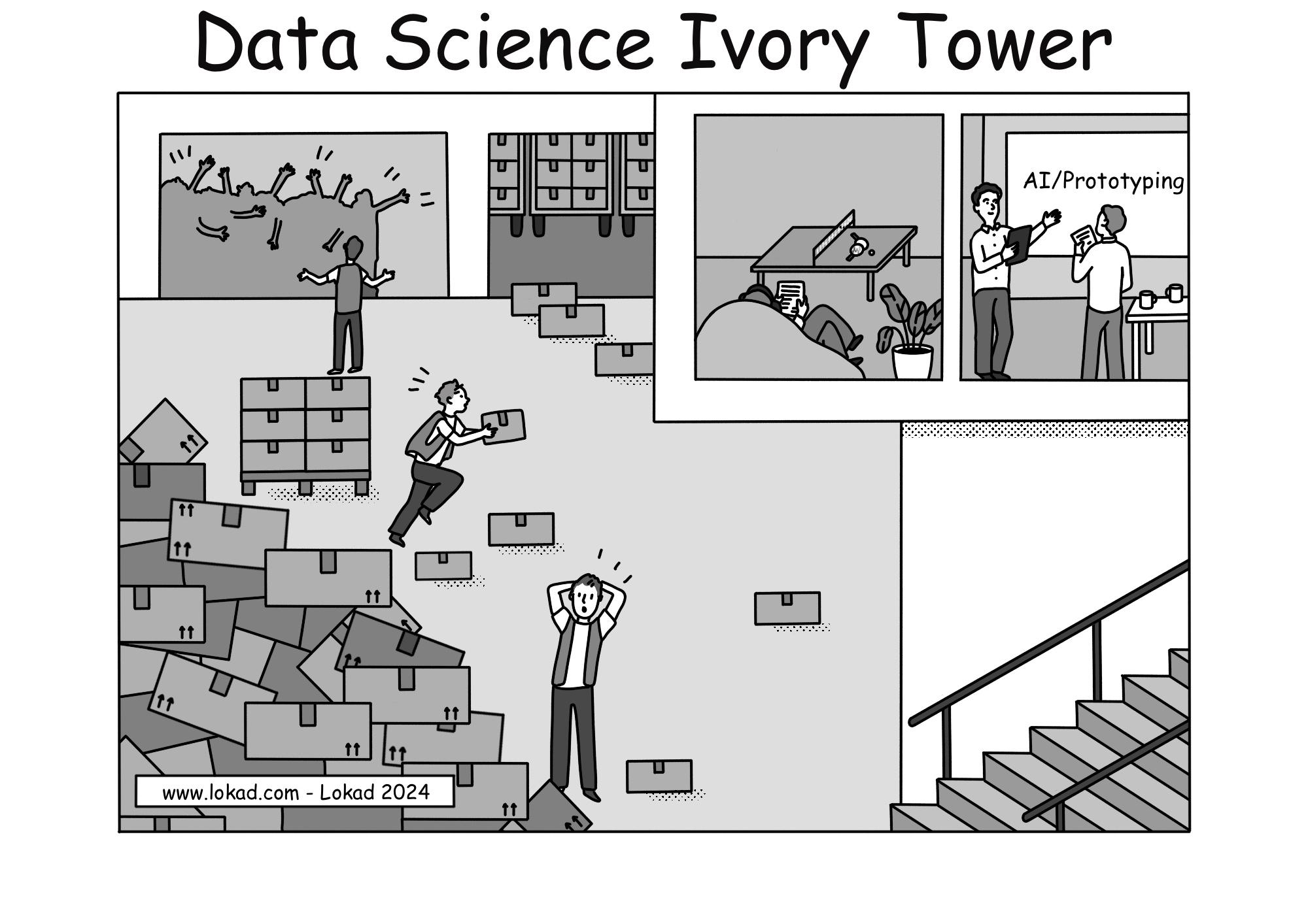 Comic from Lokad's supply chain series, titled Data Science Ivory Tower, depicting a chaotic warehouse scene with busy workers, trucks waiting, and packages spread around. An 'ivory tower' stands in the center—an elevated office with clear windows showing data scientists at work. Inside, a whiteboard is labeled 'AI/Prototyping' and one data scientist reads a paper on a cushion. A table tennis setup is also visible in the office.