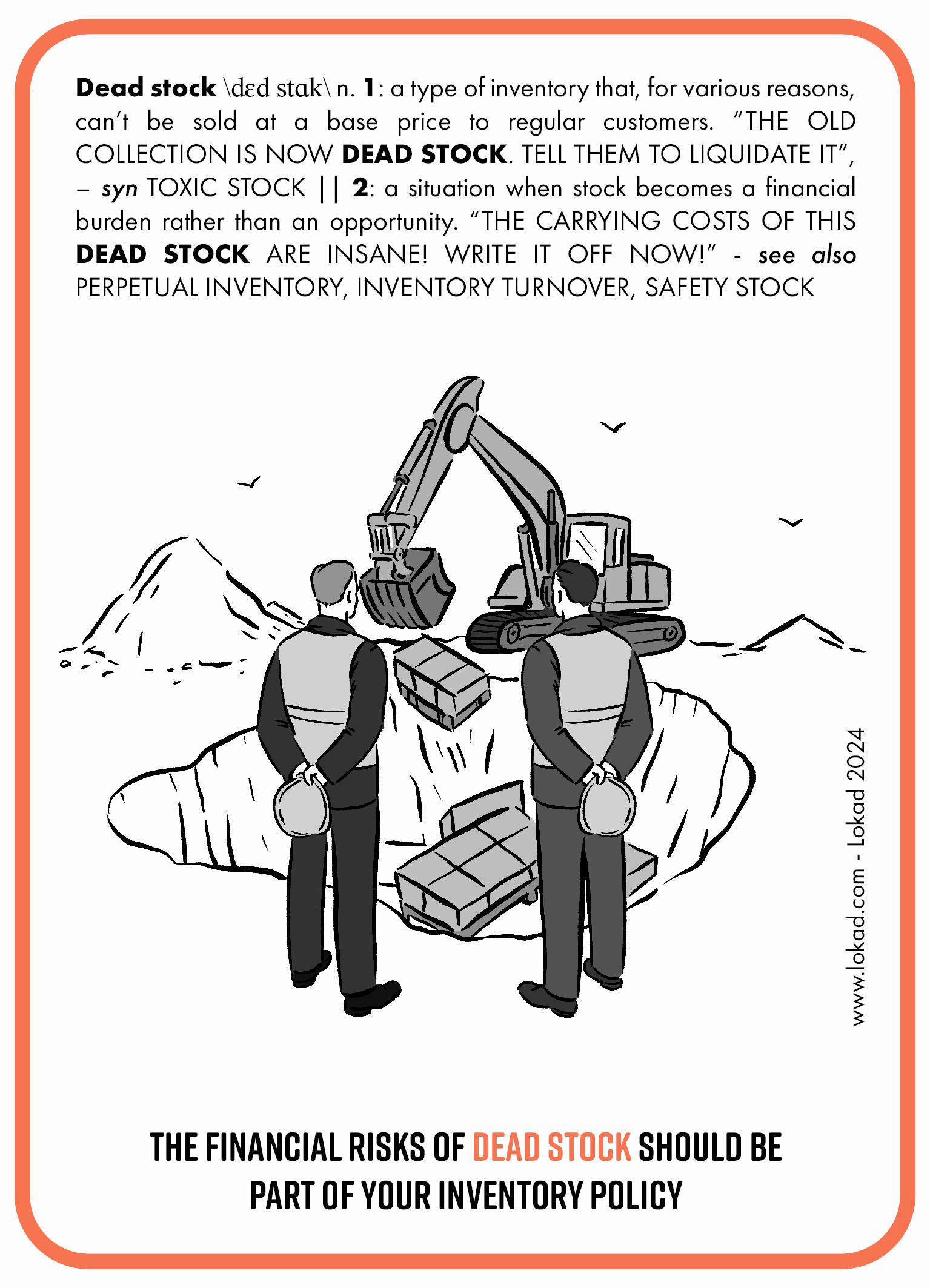 Tarjeta didáctica de supply chain sobre stock muerto. El stock muerto es un tipo de inventario que, por diversas razones, no se puede vender a un precio base a los clientes regulares. 'La colección antigua ahora es stock muerto. ¡Diles que la liquiden!' Es una situación en la que el stock se convierte en una carga financiera en lugar de una oportunidad. '¡El costo de mantenimiento de este stock muerto es increíble! ¡Dalo de baja ahora!' Una imagen muestra a dos empleados de almacén con chaquetas amarillas. Están parados sobre un polígono de vertedero observando cómo una excavadora empuja un pallet con mercancías hacia un hoyo. Los empleados tienen las cabezas descubiertas y sostienen sus cascos de seguridad en sus manos detrás de ellos. En la parte inferior hay un llamado a la acción: Los riesgos financieros del stock muerto deberían formar parte de tu política de inventario.