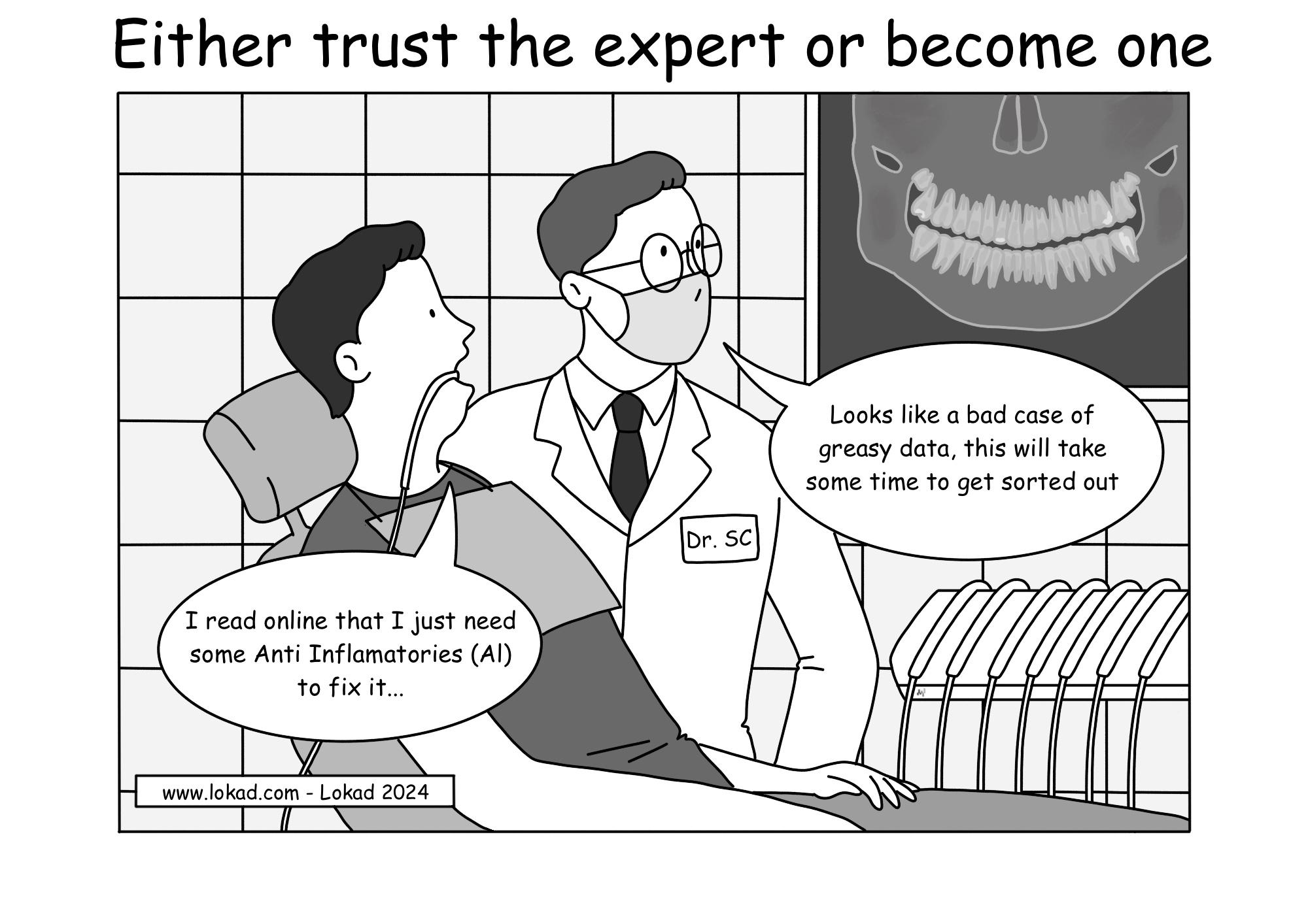 Comic from Lokad's supply chain series, depicting a patient sitting in a dentist's chair. The dentist, labeled 'Dr. SC' on their coat, looks at an X-ray of teeth on the wall and says, 'Looks like a bad case of greasy data, this will take some time to get sorted out.' The patient, wearing a bib and dental tools attached, responds, 'I read online that I just need some Anti Inflammatories (AI) to fix it…'  The caption above the image reads, 'Either trust the expert or become one.'