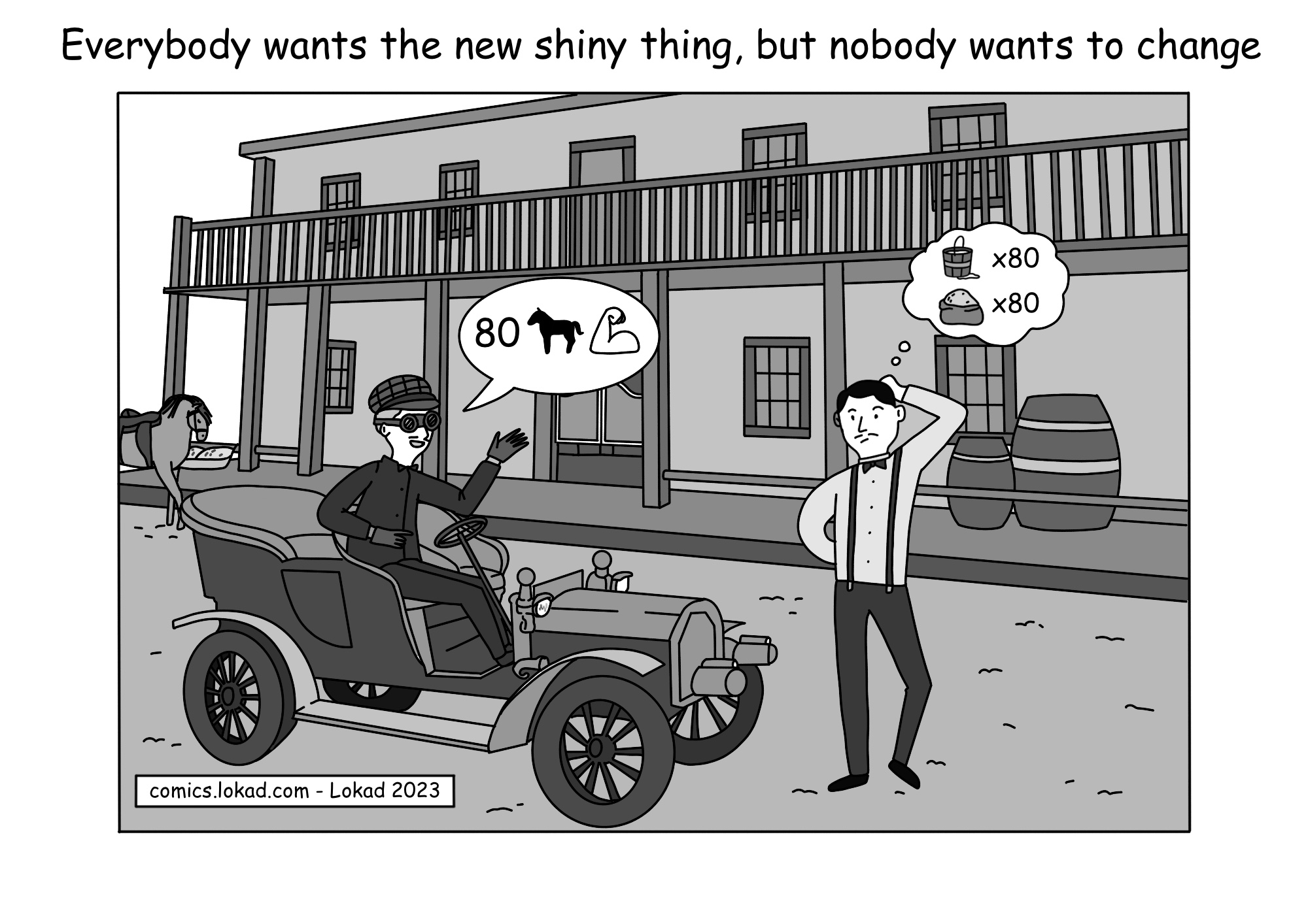 Comic from Lokad's supply chain series, titled 'Everybody wants the new shiny thing, but nobody wants to change', shows a early XX century scene with a man standing next to an old fashioned car in front of a tavern. A driver of the vintage automobile, confidently asserts that it has 80 horse power. A man looking at the car is puzzled and is imagining that the car is consuming 80 times of what horse does in feed and water. 