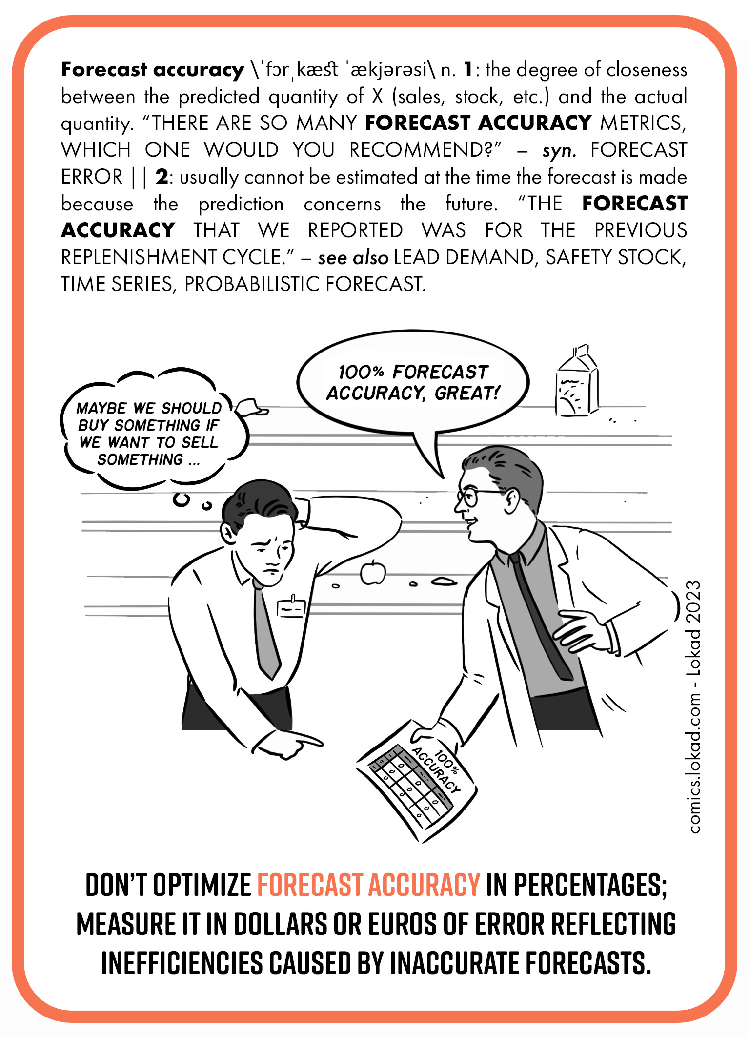 A supply chain flashcard explaining Forecast Accuracy. It defines forecast accuracy as the closeness between predicted and actual quantities. It discusses the difficulty in recommending a specific forecast accuracy metric and notes that usually, accuracy cannot be estimated at the time of the forecast. The image shows forecaster showing a forecast to a store manager, with forecast containing zeroes only and being 100% accurate, while the store manager suggests practical action—buying something to sell as the store shelves behind them are empty. The card advises against optimizing forecast accuracy in percentages and instead measuring it in monetary error to reflect the real cost of inaccuracies.
