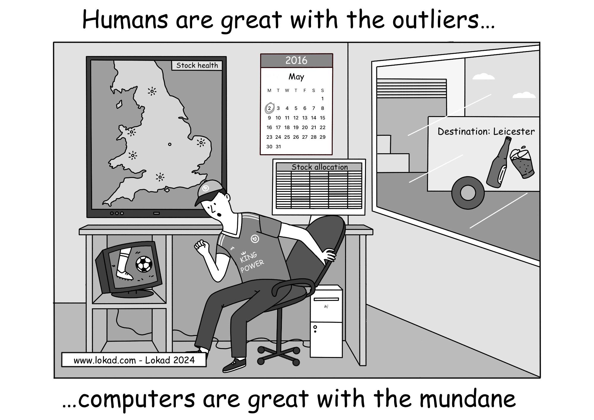 ロカドのサプライチェーンシリーズのコミック。レスターのジャージを着た男性（ジャージには 'KING POWER' と書かれている）がオフィスの机に座り、サッカー観戦をしている。壁には『在庫状況』と題された地図があり、複数のドットで在庫切れを示している。レスターの位置は静かに示されている。また、2016年5月を示すカレンダーでは5月2日が丸で囲まれ、コンピューターの画面には『在庫配分』と題された表が表示されている。窓の外には『Destination: Leicester』と書かれたサインと、瓶と一杯のビールが描かれたラベルのついたデリバリートラックが見える。上部のキャプションには『外れ値に対しては人間が優れている』と記され、下部のキャプションには『...コンピュータは平凡なものに強い』と述べられている.