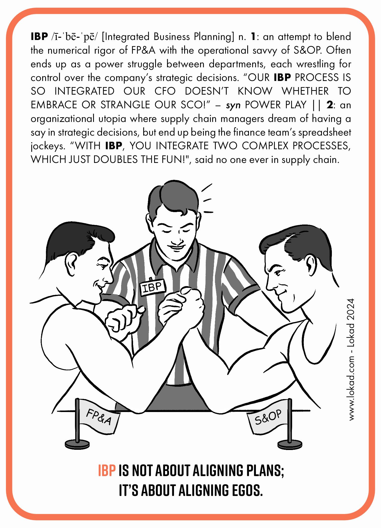 Supply chain flashcard on Integrated Business Planning (IBP). IBP is an attempt to blend the numerical rigor of FP&A with the operational savvy of S&OP. Often ends up as a power struggle between departments, each wrestling for control over the company's strategic decisions. Our IBP process is so integrated our CFO doesn't know whether to embrace or strangle our SCO. Synonym - power play. It is an organizational utopia where supply chains managers dream of having a say in strategic decisions, but end up being the finance team's spreadsheet jockeys. With IBP, you integrate two complex processes, which just doubles the fun. An image of the flashcard features two armwrestlers behind flags titled FP&A and S&OP and a referee with IBP badge on his chest. IBP is not about aligning plans. It is about aligning egos.