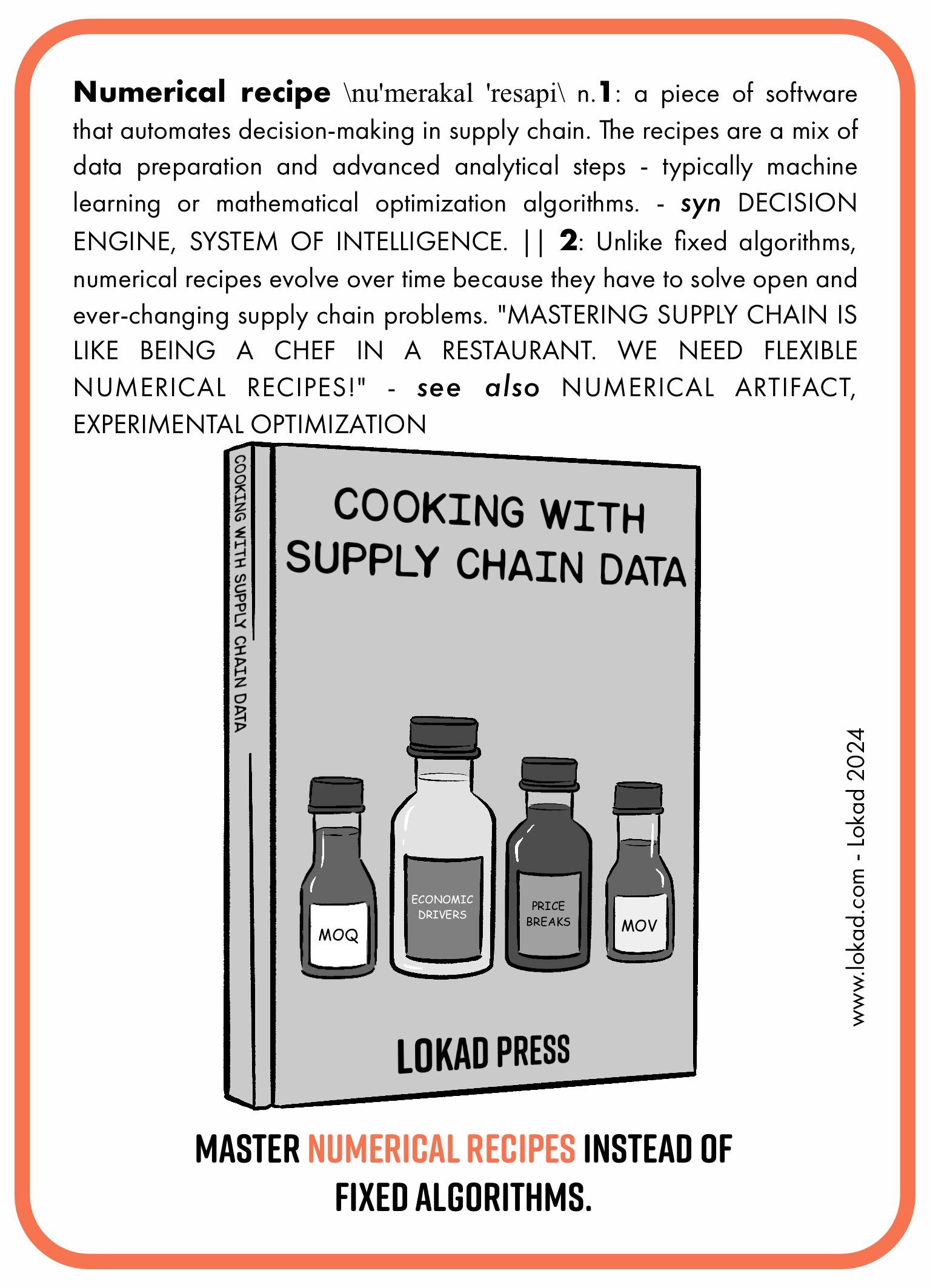 Supply chain flashcard on Numerical recipe. Numerical recipe is a piece of software that automates decision-making in supply chain. The recipes are a mix of data preparation and advanced analytical steps, typically machine learning or mathematical optimization algorithms. Unlike fixed algorithms, numerical recipes evolve over time because they have to solve open and ever-changing supply chain problems. The flashcard features an illustration of a book titled 'Cooking with supply chain data'. Below the book image, a call to action reads 'Master numerical recipes instead of fixed algorithms'.