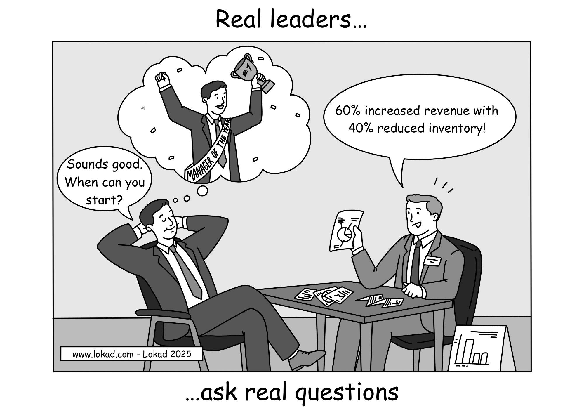 Comic aus Lokads Supply-Chain-Serie. Zwei Geschäftsleute sind in einem Meeting. Einer präsentiert stolz eine Fallstudie und sagt: '60 % Umsatzsteigerung bei 40 % weniger Lagerbestand!' Der andere lehnt lächelnd mit verschränkten Händen hinter dem Kopf zurück und antwortet: 'Klingt gut. Wann können Sie anfangen?' Über seinem Kopf ist eine Gedankenblase zu sehen, die ihn als 'Manager des Jahres' zeigt, der einen Pokal hält und eine Schärpe trägt. Der Comic trägt oben die Überschrift 'Echte Führungskräfte...' und unten die Bildunterschrift '...stellen echte Fragen', was die Bedeutung des kritischen Denkens über wunschloses Akzeptieren hervorhebt.