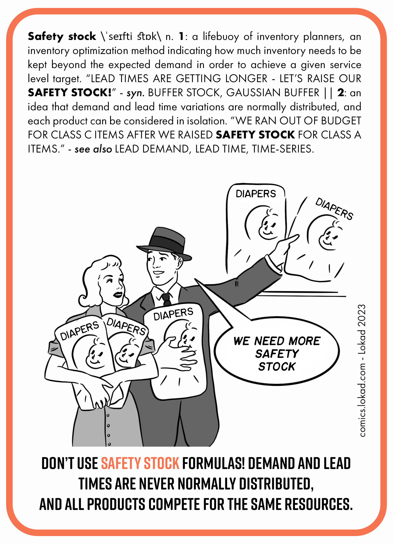 Supply chain flashcard on Safety stock, which is an inventory optimization method used to determine the extra inventory needed beyond expected demand to meet service level target. It critiques the use of standard safety stock formulas, suggesting they are inadequate due to variability in demand and competition for resources. The illustration depicts a young couple with multiple packages of diapers and husband taking one more package off the shelf while saying they need more safety stock.