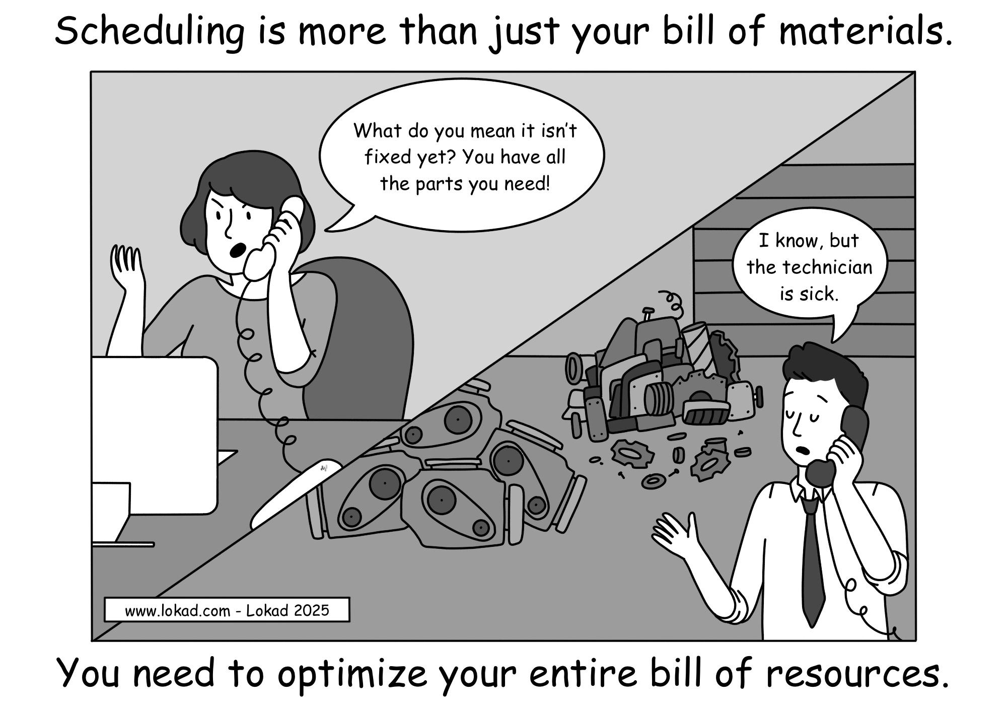 Comic from Lokad's supply chain series. The scene is split in two. On the left, a frustrated woman at her desk is on the phone, saying, 'What do you mean it isn’t fixed yet? You have all the parts you need!' On the right, a man is in a workshop surrounded by disassembled parts, replying, 'I know, but the technician is sick.' The comic is titled 'Scheduling is more than just your bill of materials,' with the caption 'You need to optimize your entire bill of resources' at the bottom, emphasizing the importance of accounting for all resources in scheduling.
