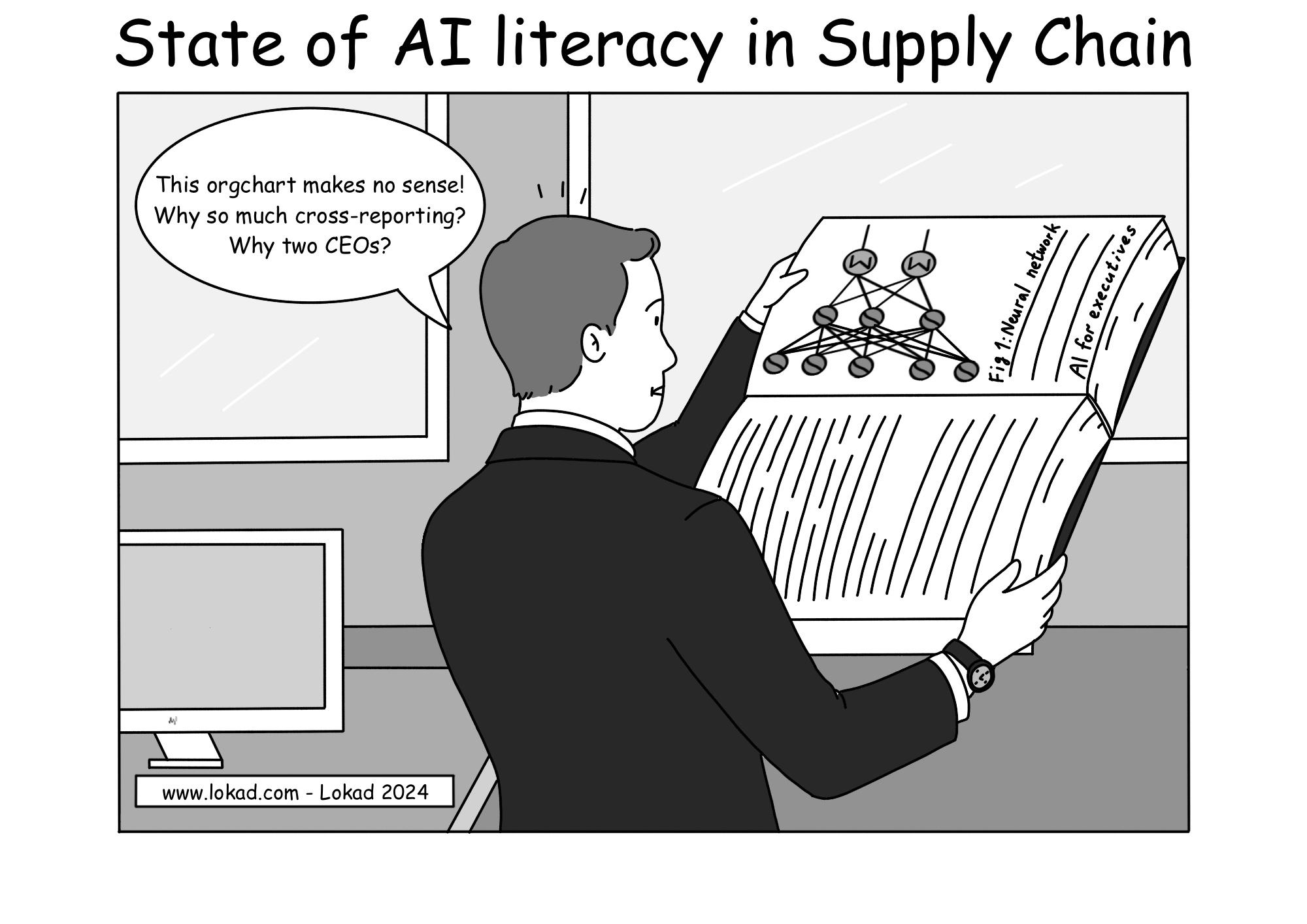 Comic from Lokad's supply chain series, titled State of AI literacy in Supply Chain, depicting an executive holding an open book titled 'AI for executives' in his hands. He rotated the book 90 degrees counterclockwise in his hands so a neural network depicted on a page looks like a weird organization chart. He says 'This orgchart makes no sense! Why so much cross-reporting? Why two CEOs?' 
