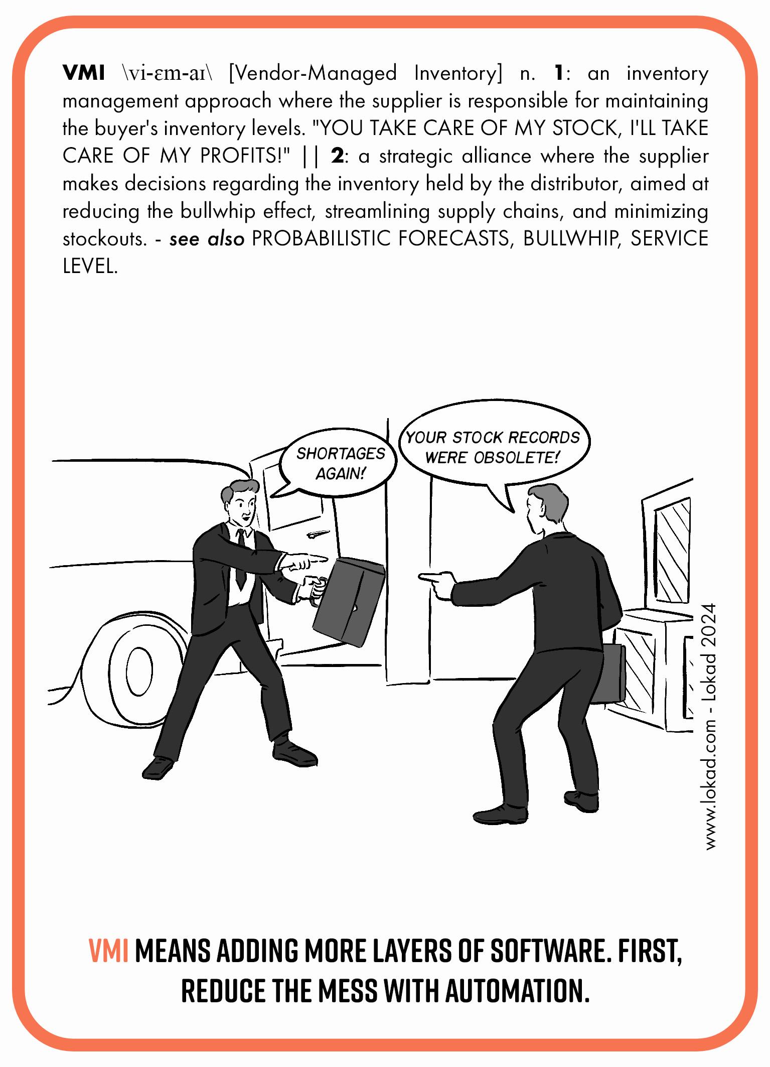 Supply chain flashcard on Vendor-Managed Inventory. Vendor-Managed Inventory is an inventory management approach where the supplier is responsible for maintaining the buyer's inventory levels. 'You take care of my stock, I'll take care of my profits!' It is a strategic alliance where the supplier makes decisions regarding the inventory held by the distributor, aimed at reducing the bullwhip effect, streamlining supply chains, and minimizing stockouts. An image depicts two men in suits and with suitcases pointing finger to each other. One man is saying 'Shortages again!', and other responding 'Your stock records were obsolete!'. At the bottom there is a call to action: Vendor-Managed Inventory means adding more layers of software. First reduce the mess with automation.