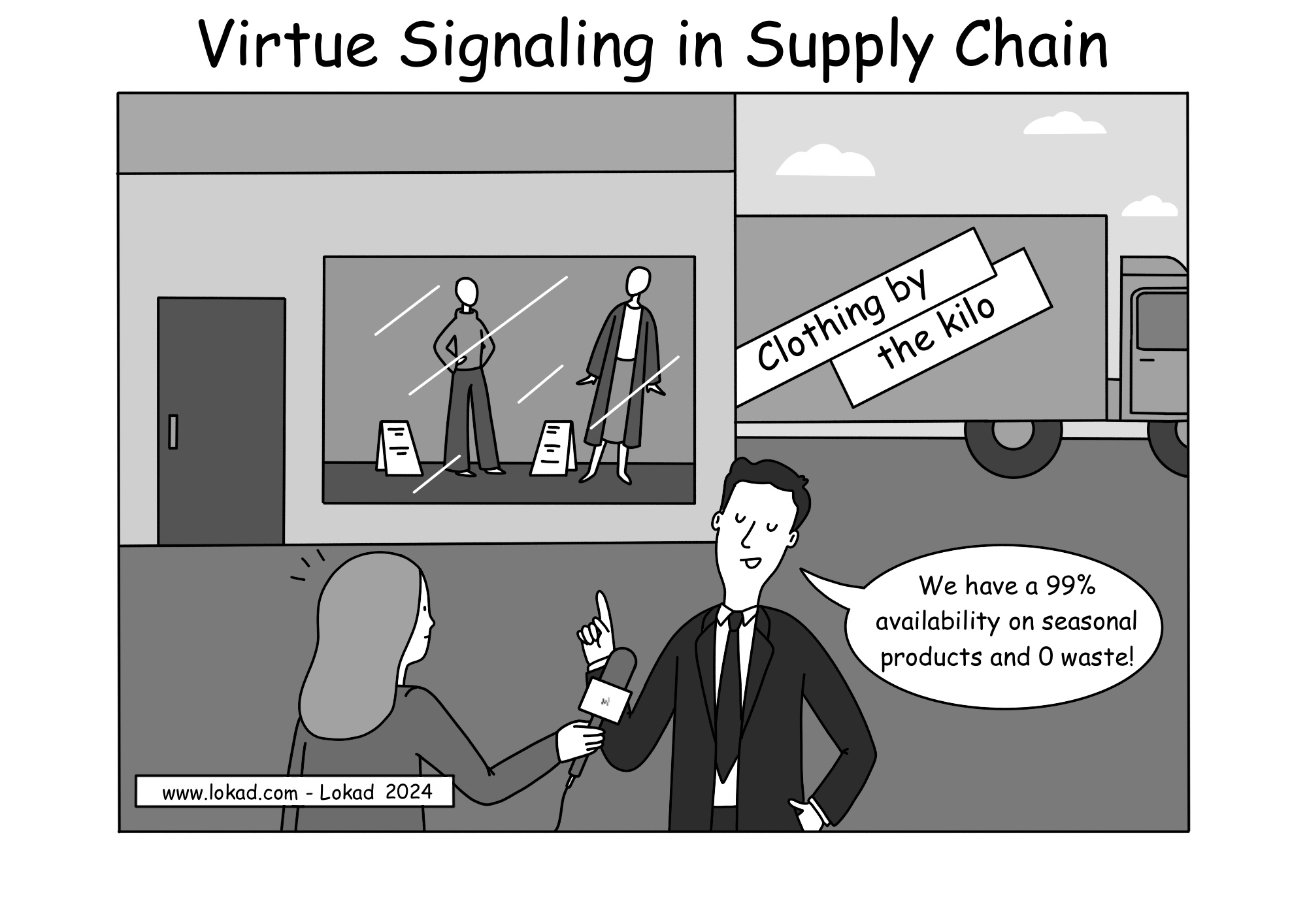 A comic from Lokad's supply chain series titled: Virtue Signaling in Supply Chain. The scene depicts a clothing store window with mannequins dressed in a new collection. Next to it, a store director is interviewed, stating, 'We have a 99% availability on seasonal products and 0 waste!' while the interviewer holds a microphone towards him. A truck with a sign reading 'Clothing by the kilo' is leaving behind the store.