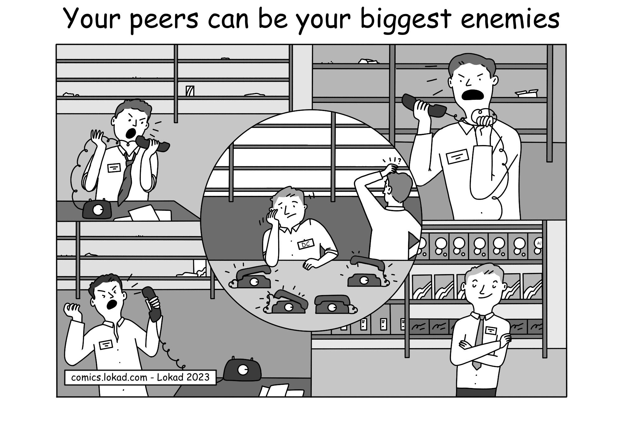 Comic from Lokad's supply chain series, titled 'Your peers can be your biggest enemies', features a warehouse scene with varying levels of activity in four different stores: one fully stocked and the other three facing stock shortages. Three store managers are depicted screaming into phones, exuding frustration and stress. In the central circular inset, a warehouse manager appears concerned amidst a flurry of ringing phones. The illustration highlights the adverse effects of inadequate communication and coordination among colleagues during stock shortages.